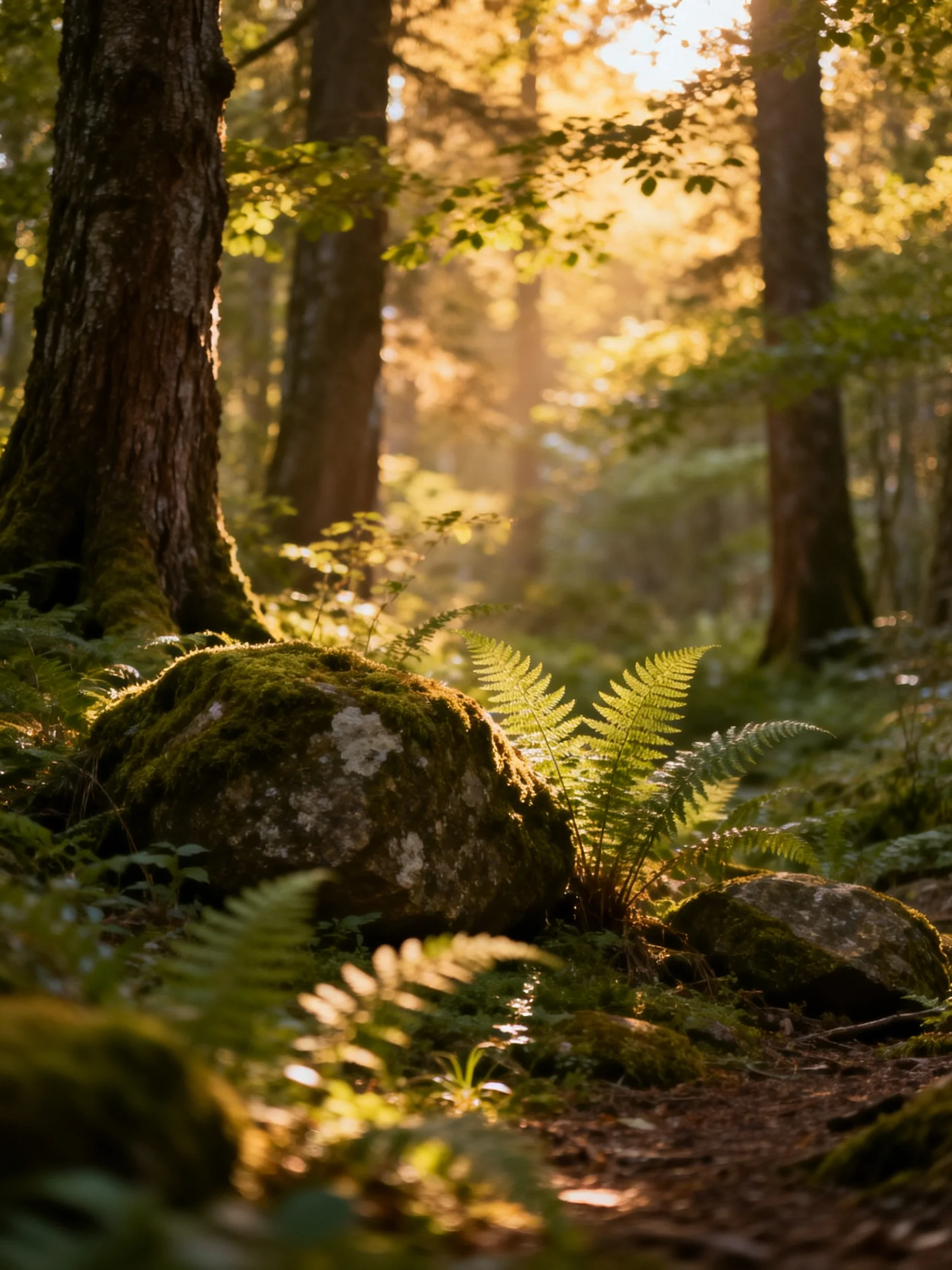 Sun-Dappled Forest with Moss-Covered Rocks
