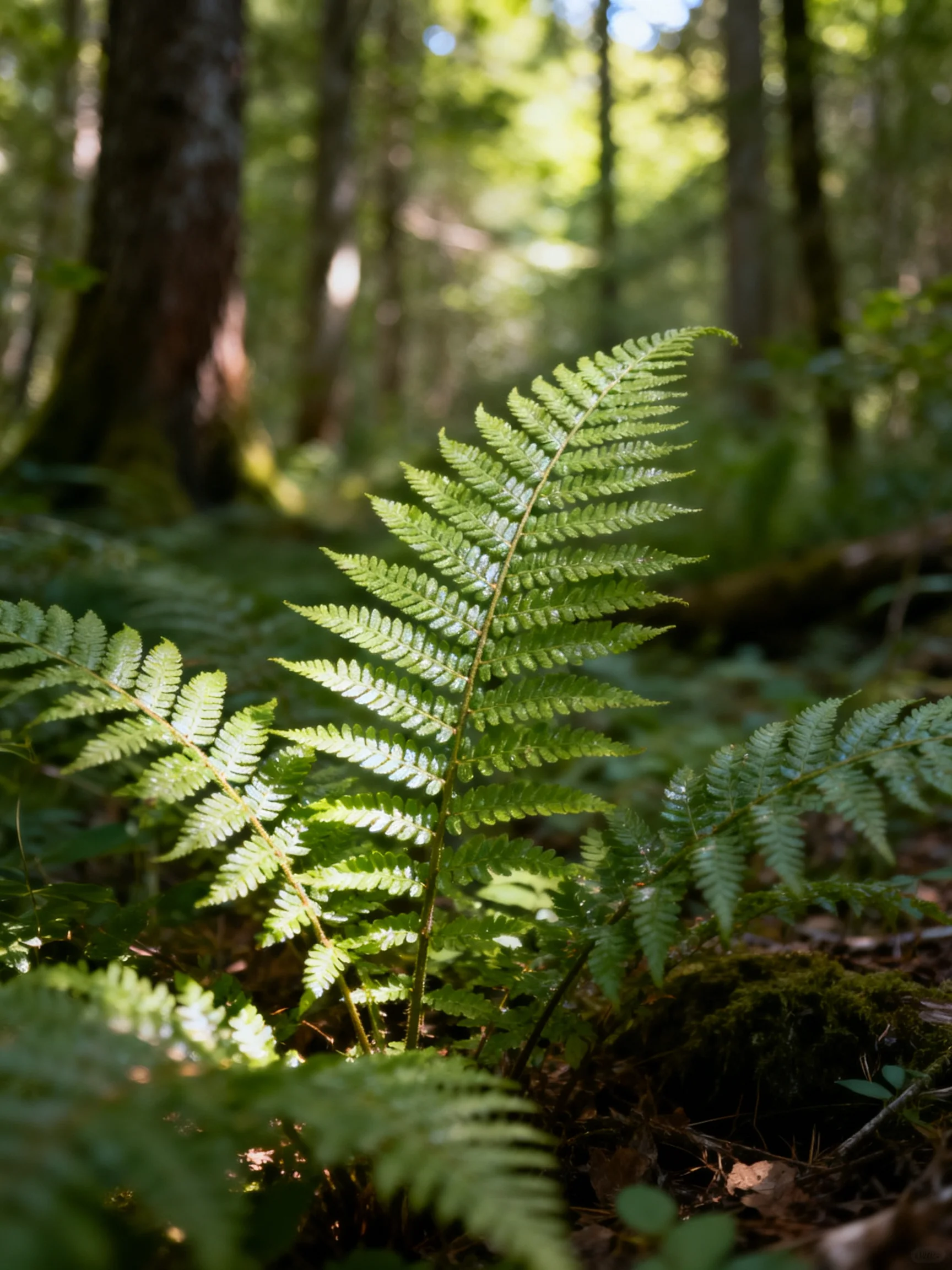 Sun-dappled Ferns Thrive in Lush Forest Undergrowth