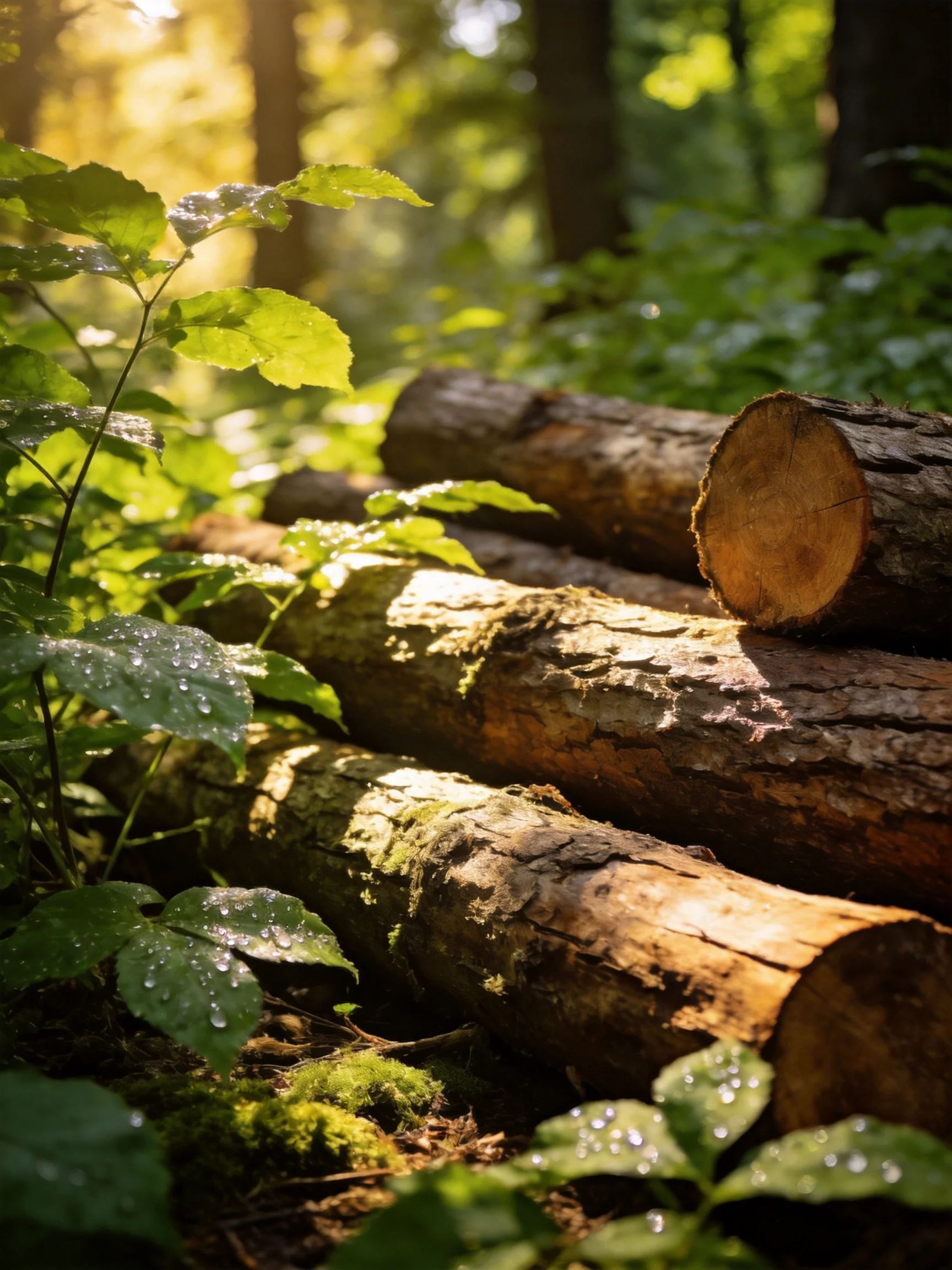 Sun-dappled Forest Logs Among Lush Green Foliage