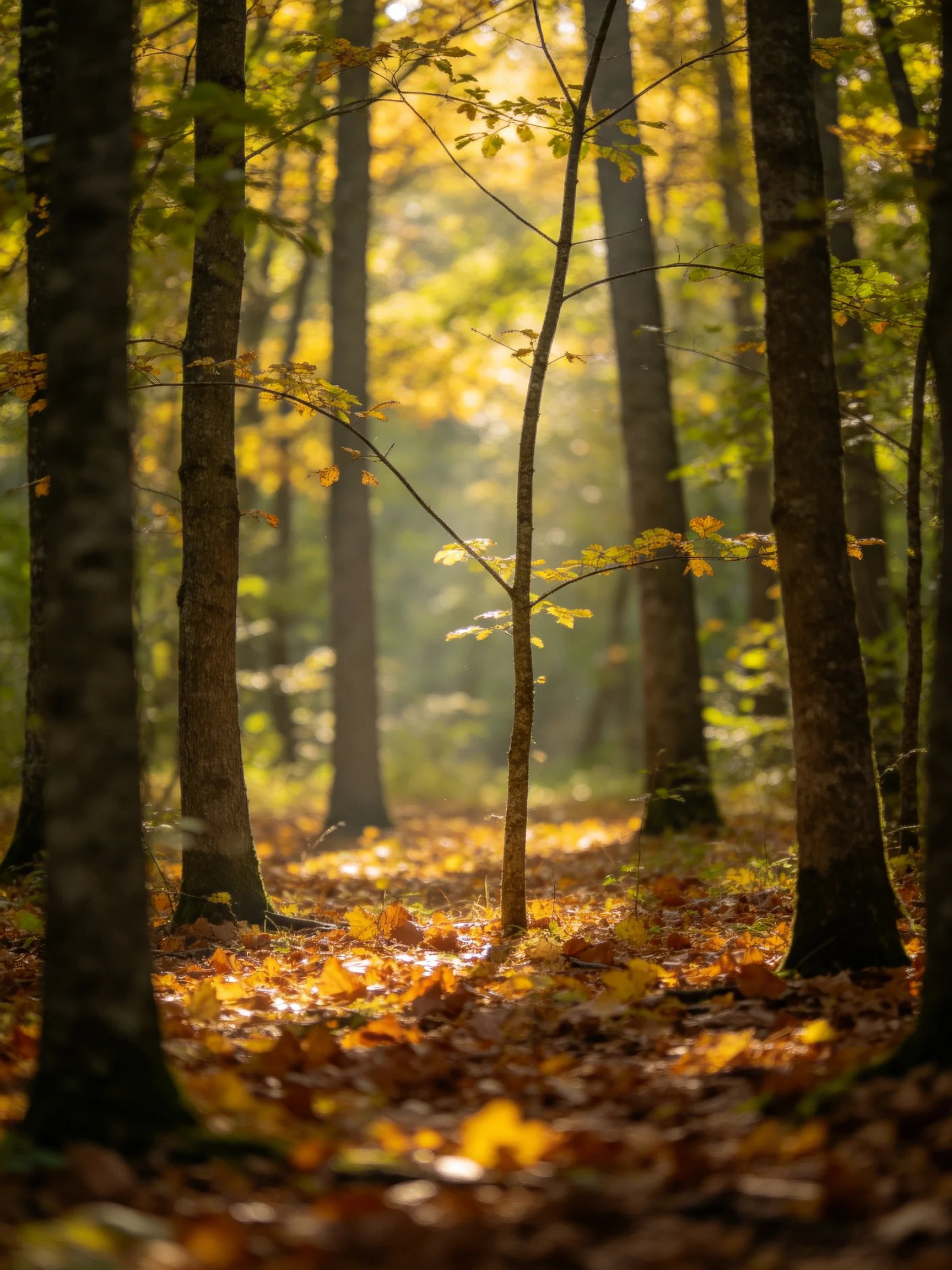 Sun-dappled Forest Path with Golden Autumn Leaves