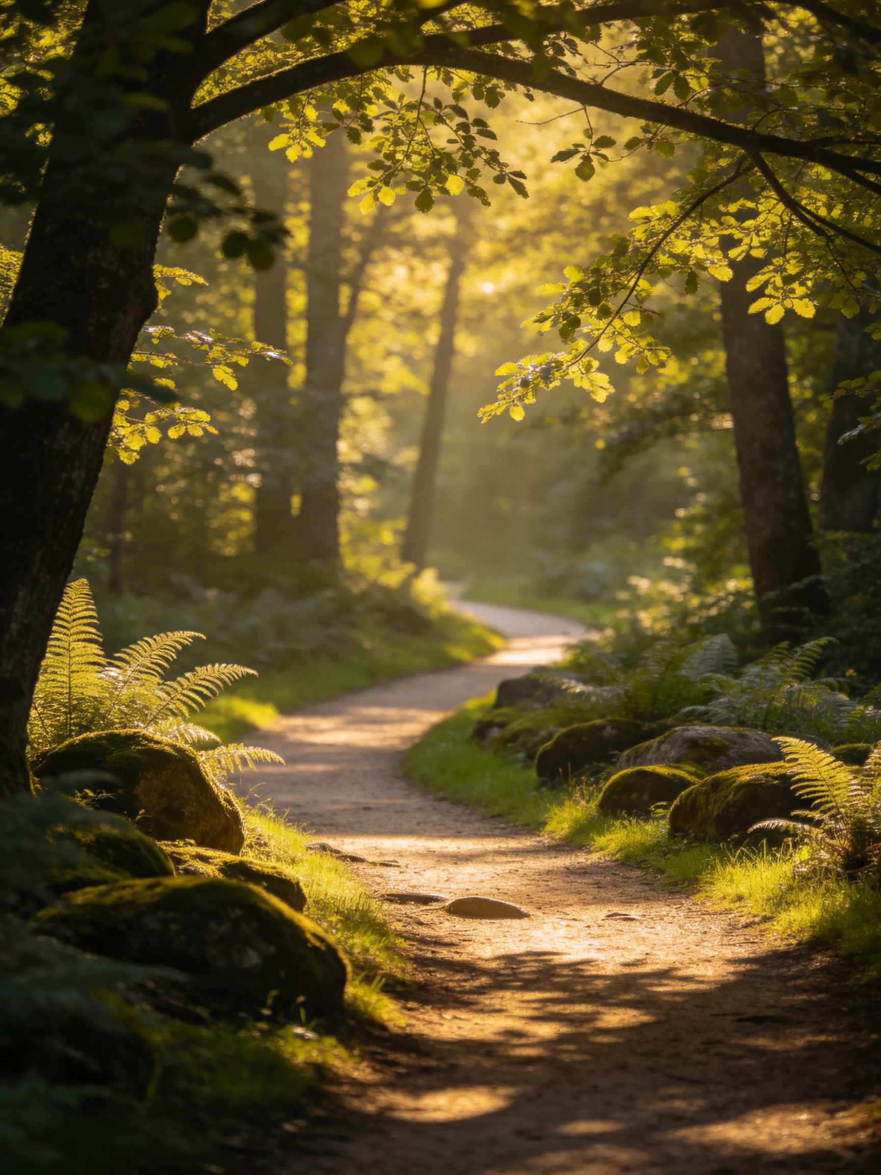 Sun-dappled Forest Path with Moss-Covered Rocks and Ferns