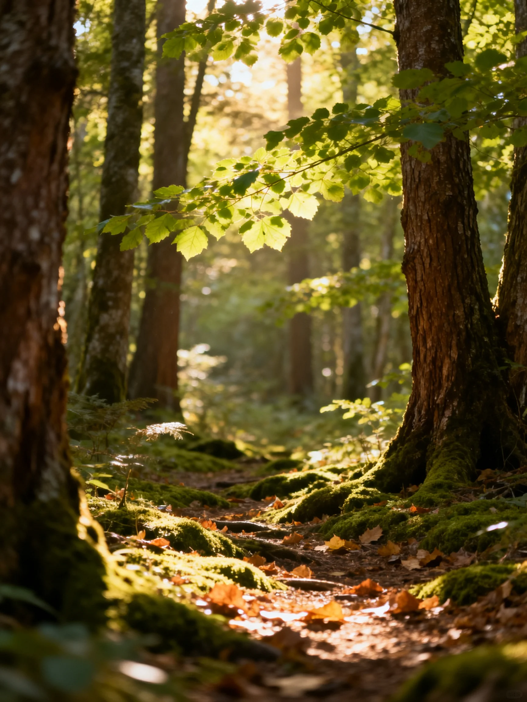 Sun-dappled Forest Path with Moss-Covered Trees and Golden Light