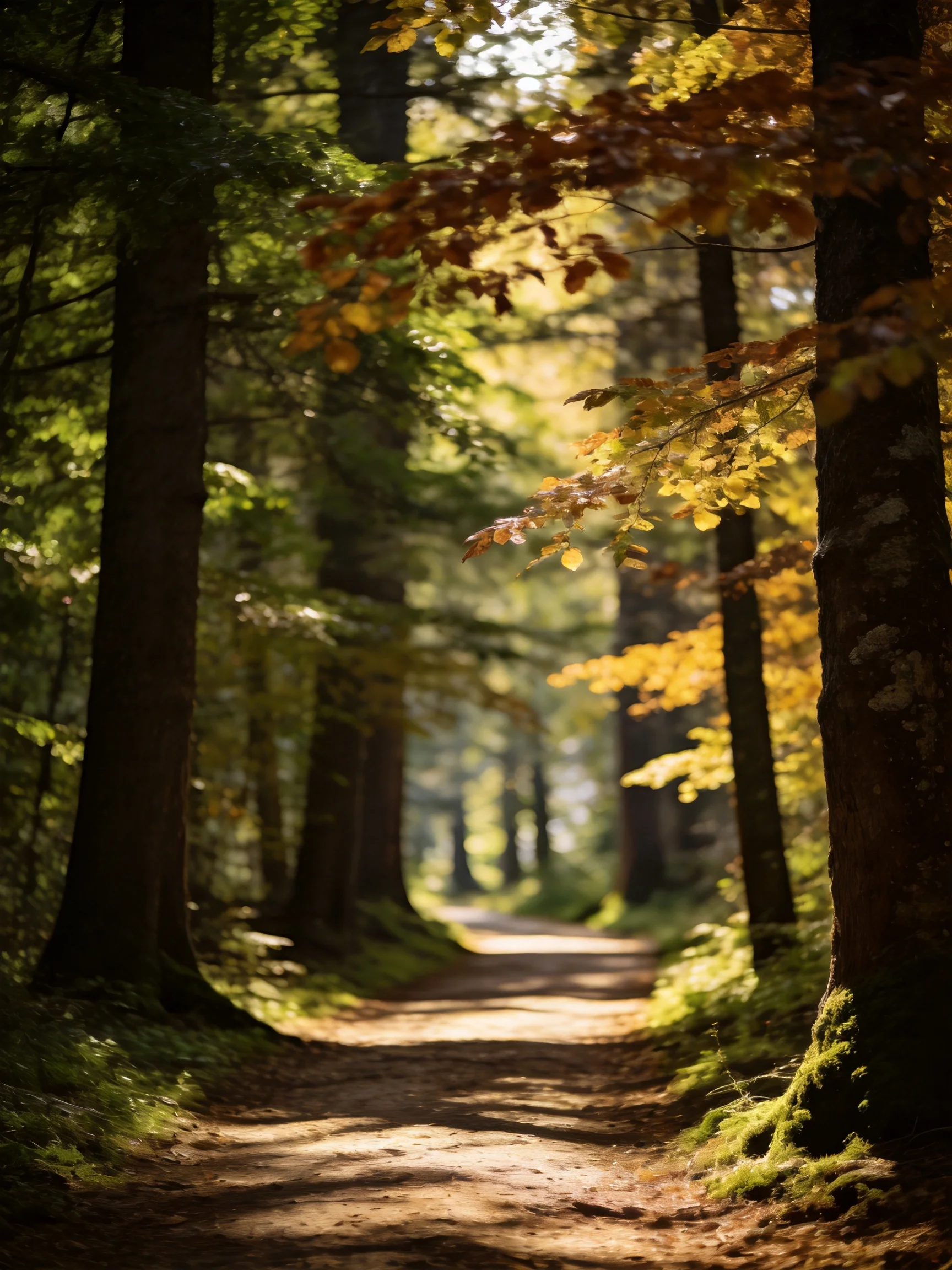 Sun-dappled Forest Path with Tall Trees and Autumn Foliage