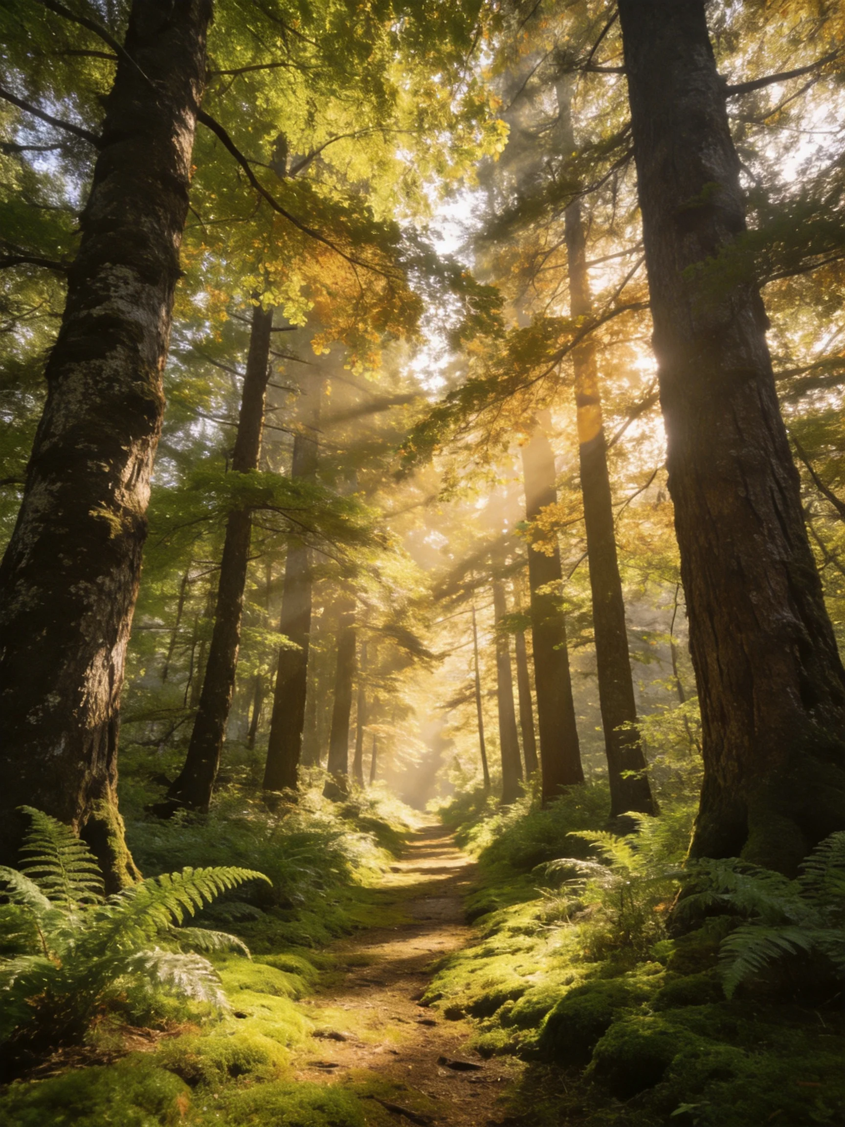 Sun-dappled Forest Path with Tall Trees and Lush Greenery