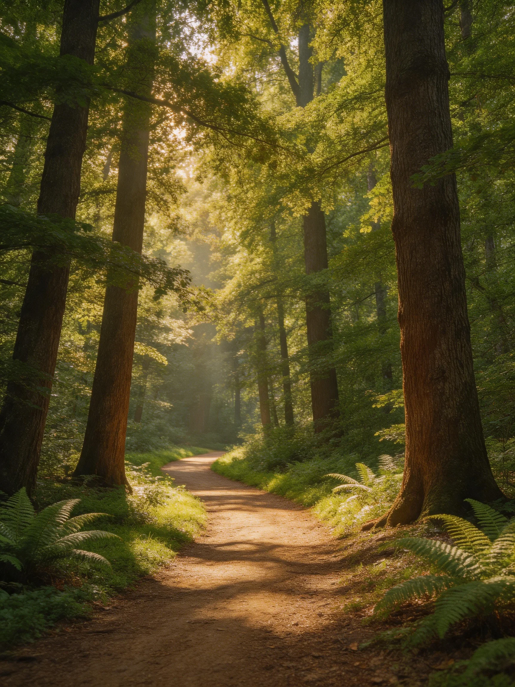 Sun-dappled Forest Path with Towering Trees and Ferns