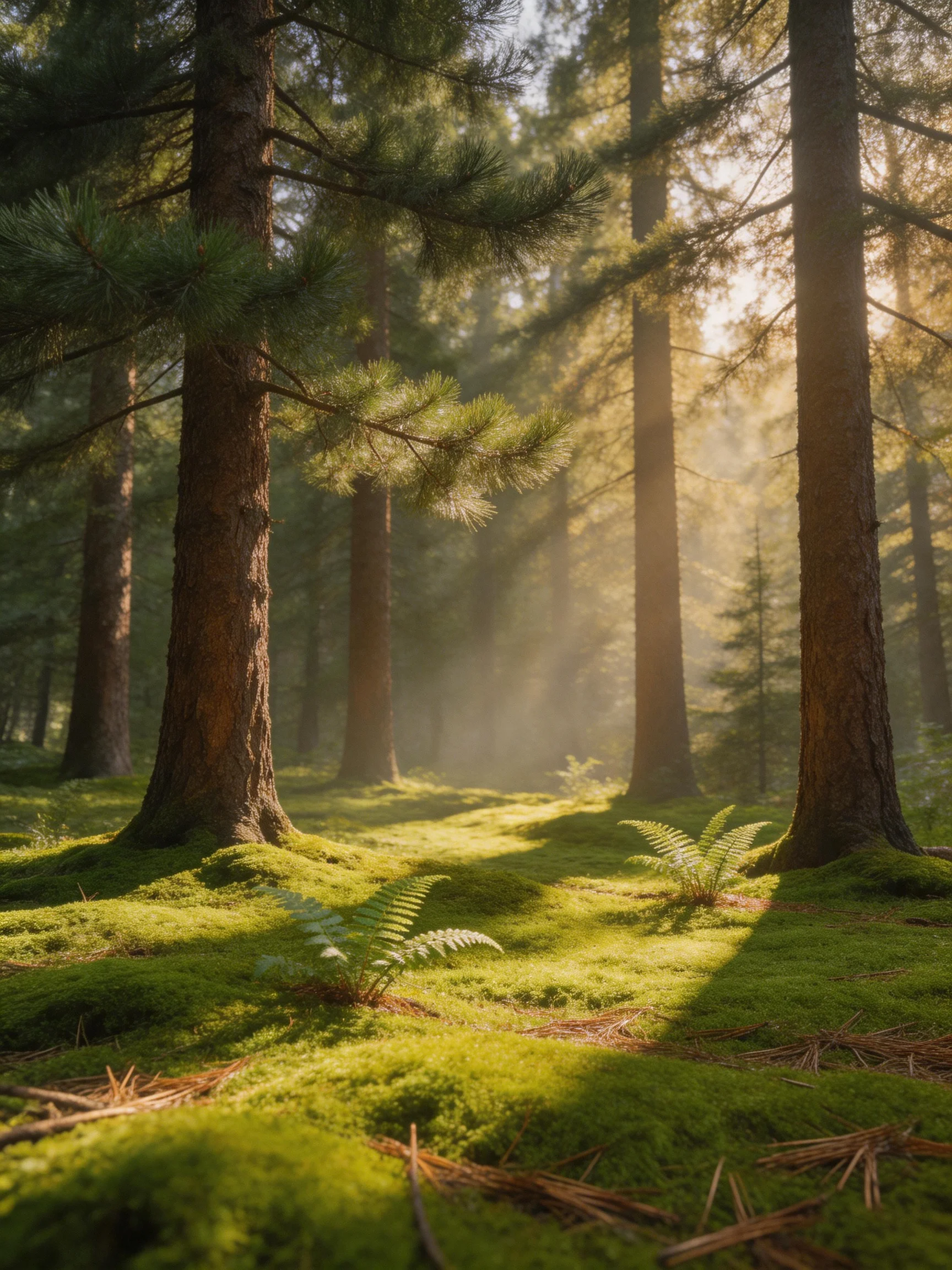 Sun-dappled Forest with Tall Pine Trees and Lush Green Moss