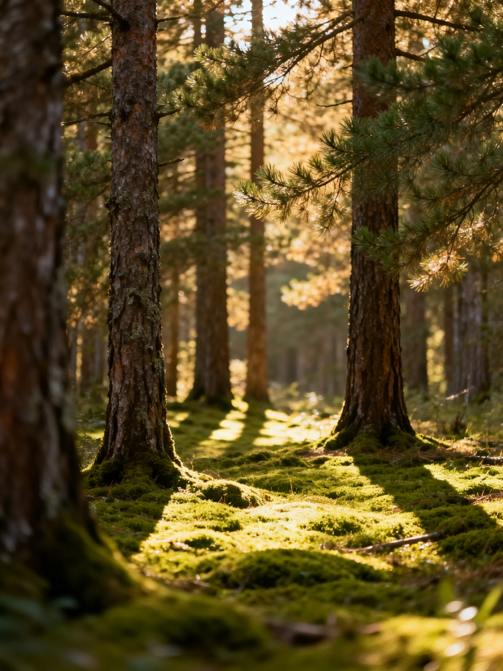 Sun-dappled Forest with Tall Pine Trees and Lush Green Moss