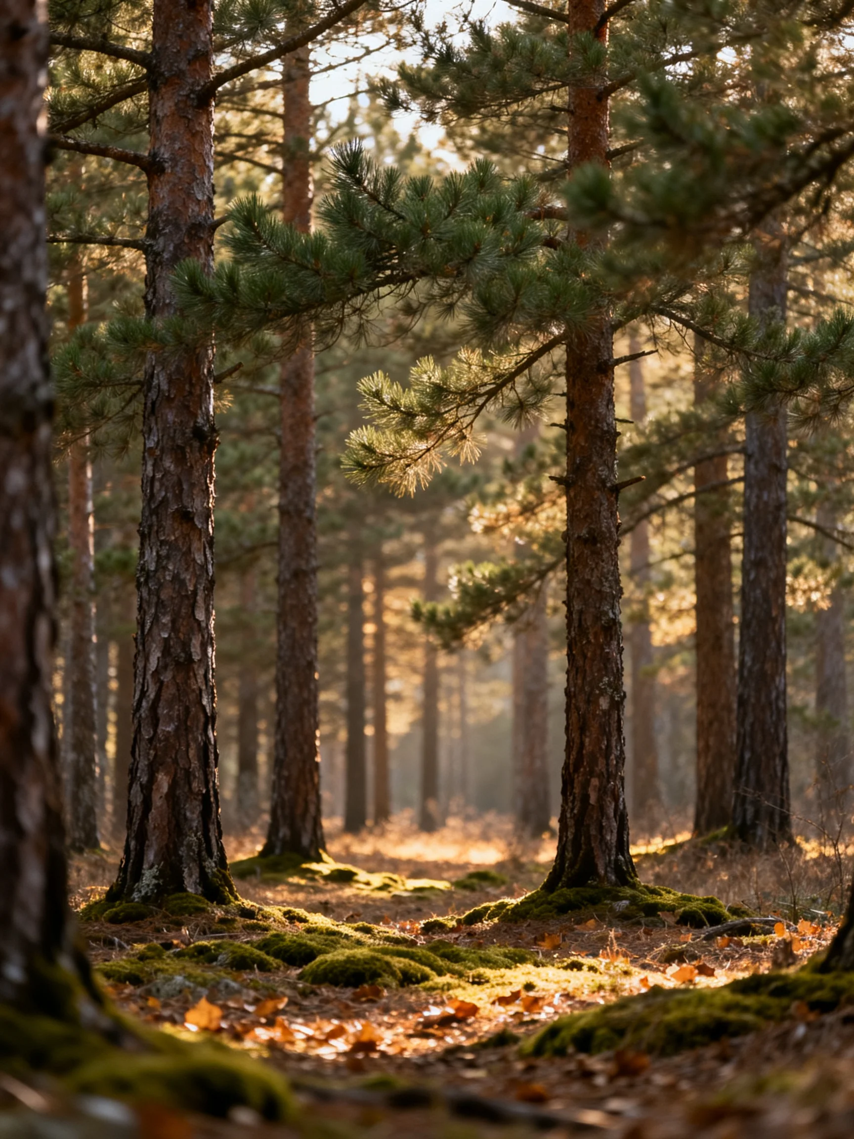 Sun-dappled Pine Forest with Moss-Covered Tree Bases and Golden Light
