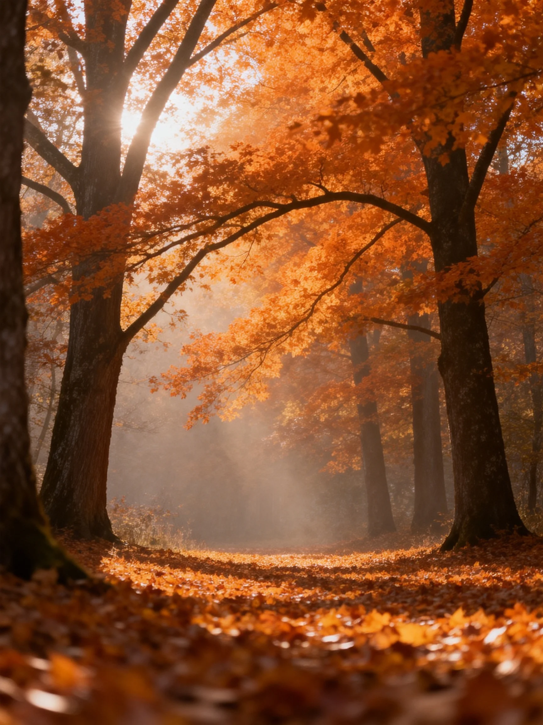 Sun-dappled autumn forest with golden-orange trees and leaf-strewn pathway