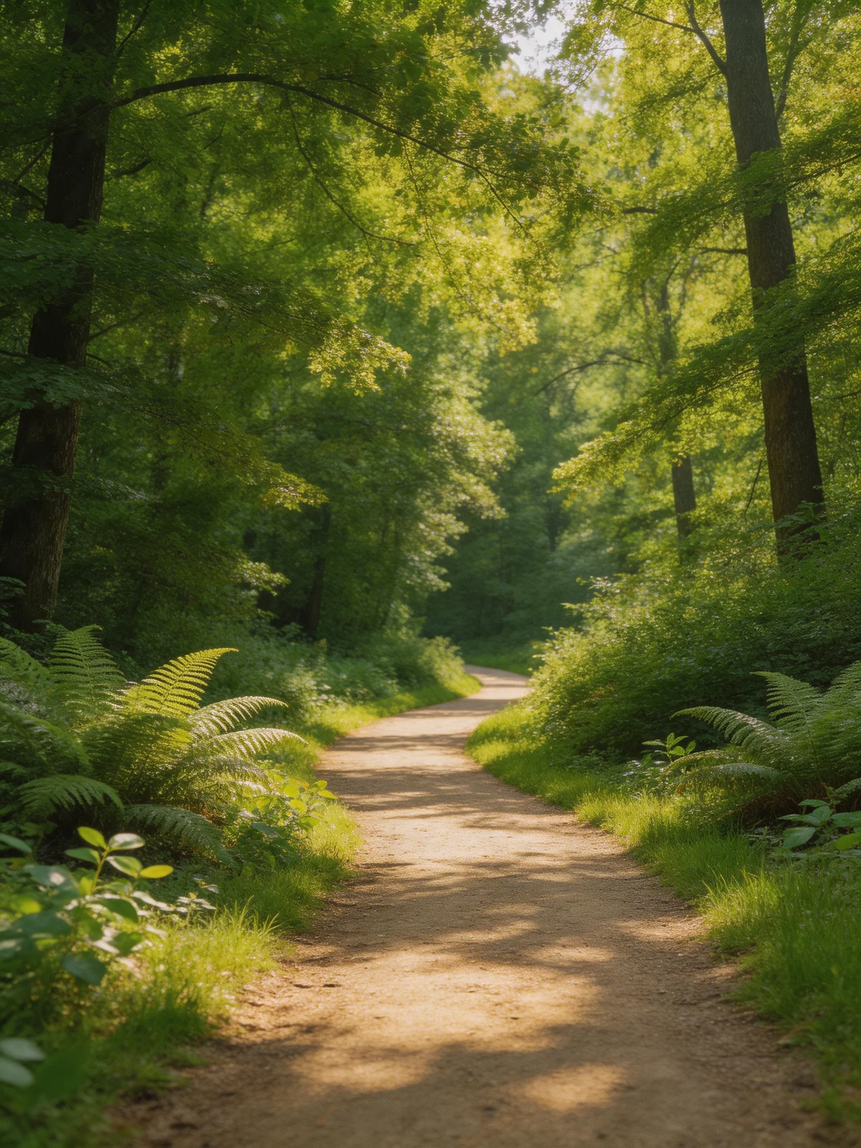 Sun-dappled dirt path winding through dense green woods
