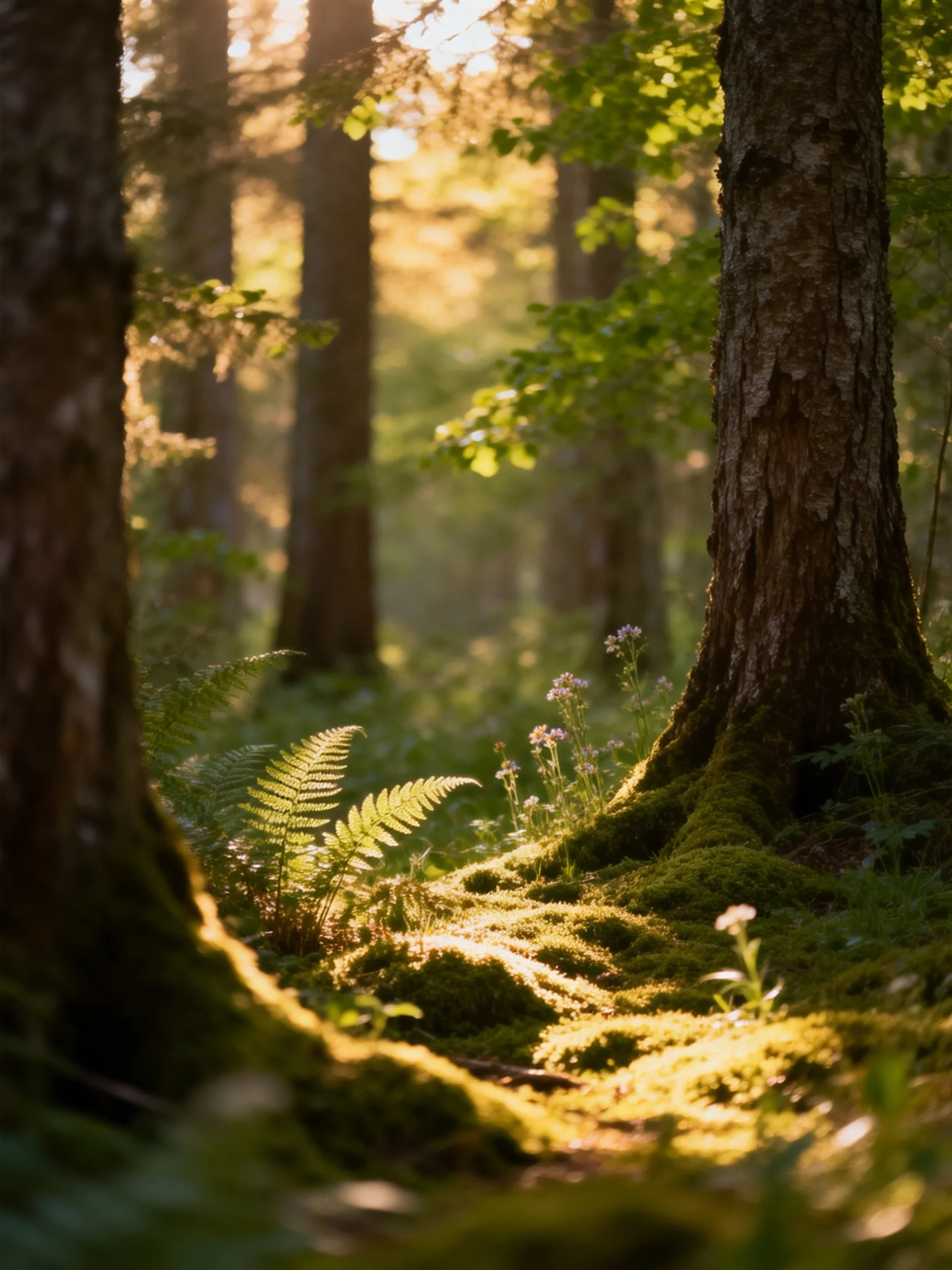 Sun-dappled forest glade with mossy trees and ferns