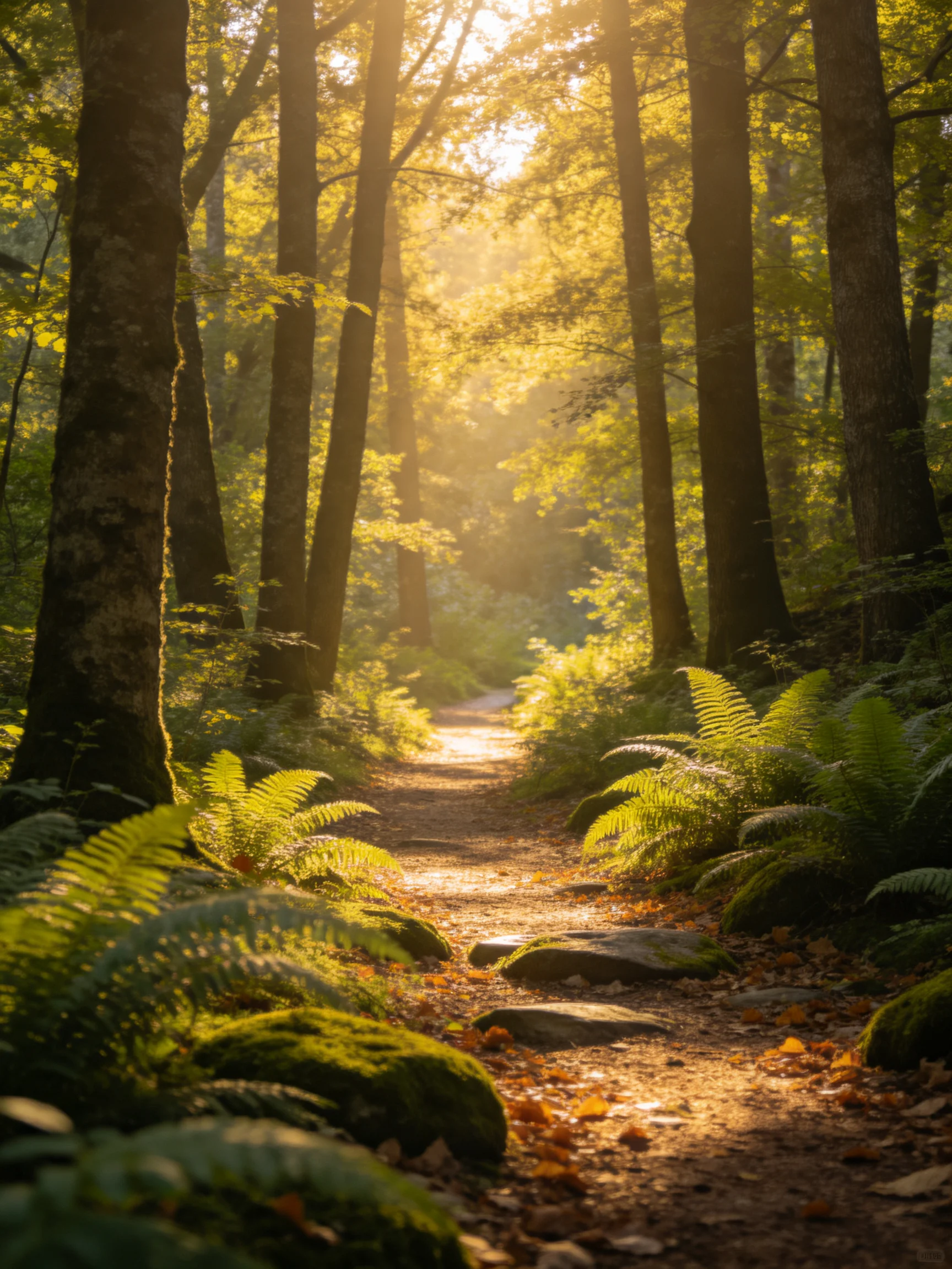 Sun-dappled forest path with ferns and tall trees