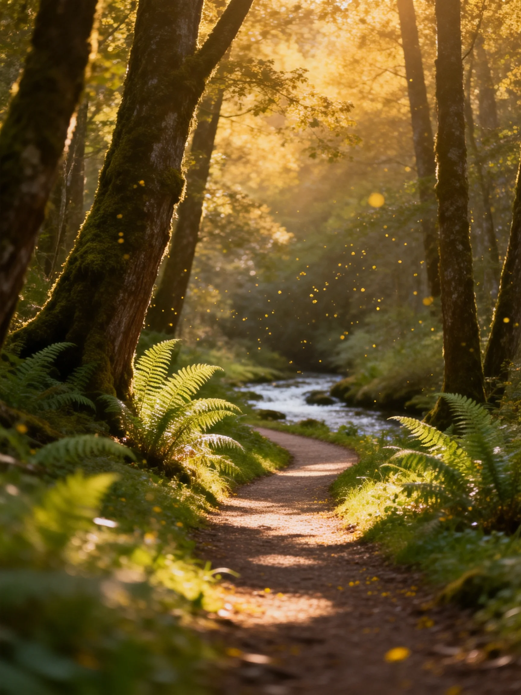 Sun-dappled forest path with ferns near a winding stream