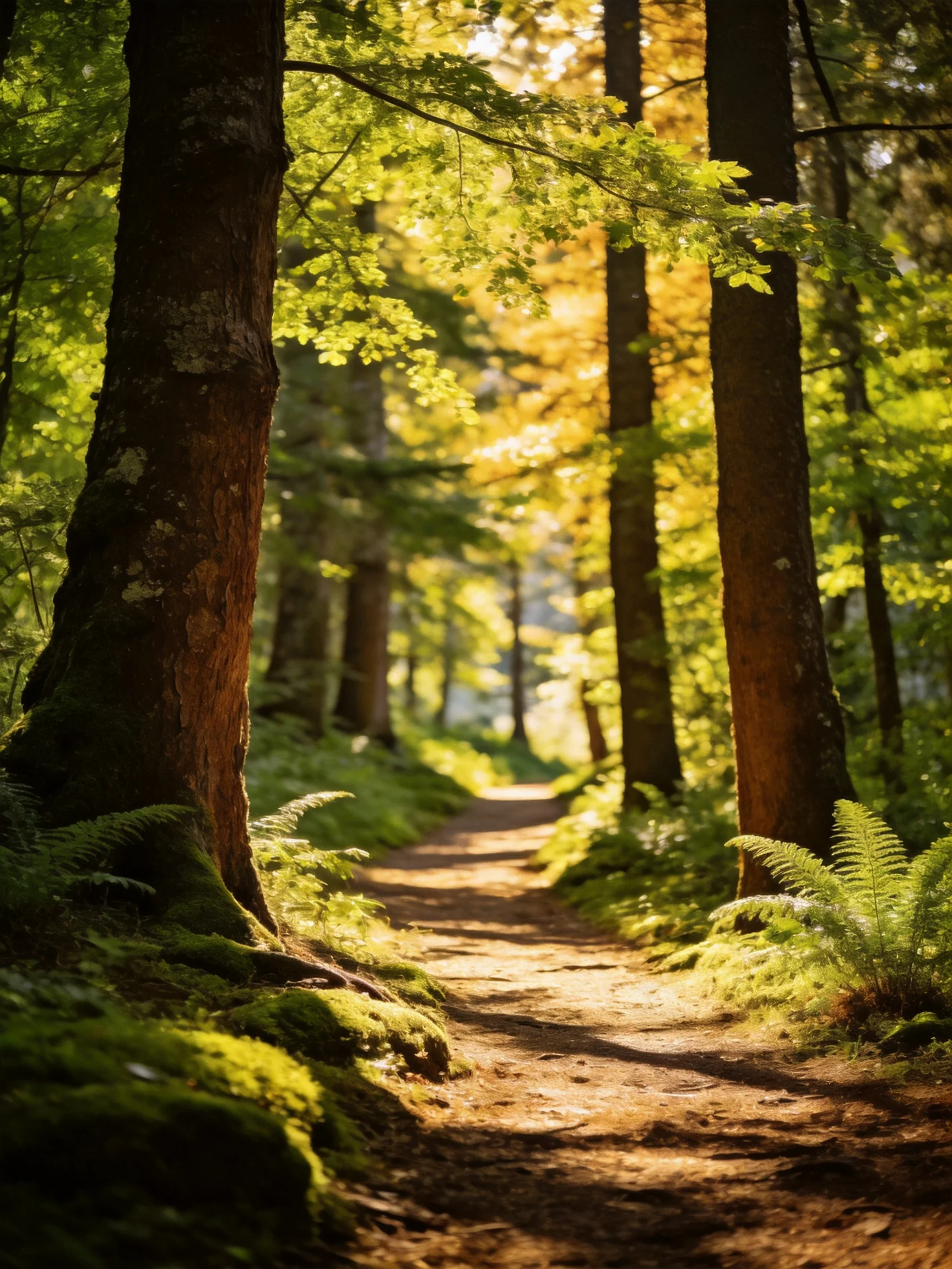Sun-dappled forest path with tall brown trunks and lush greenery