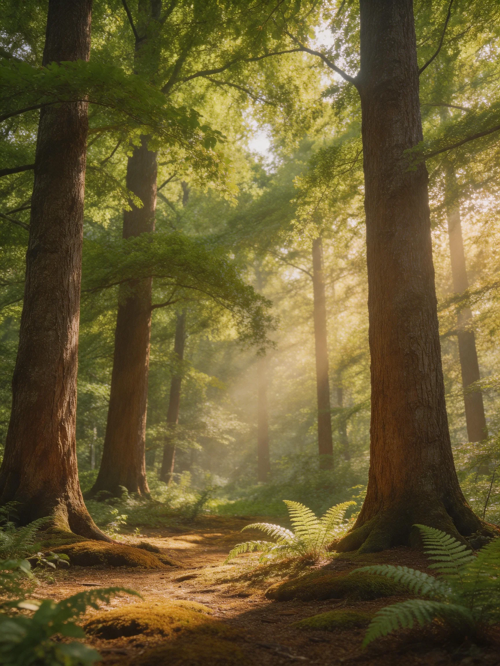 Sun-dappled forest path with towering trees and lush ferns