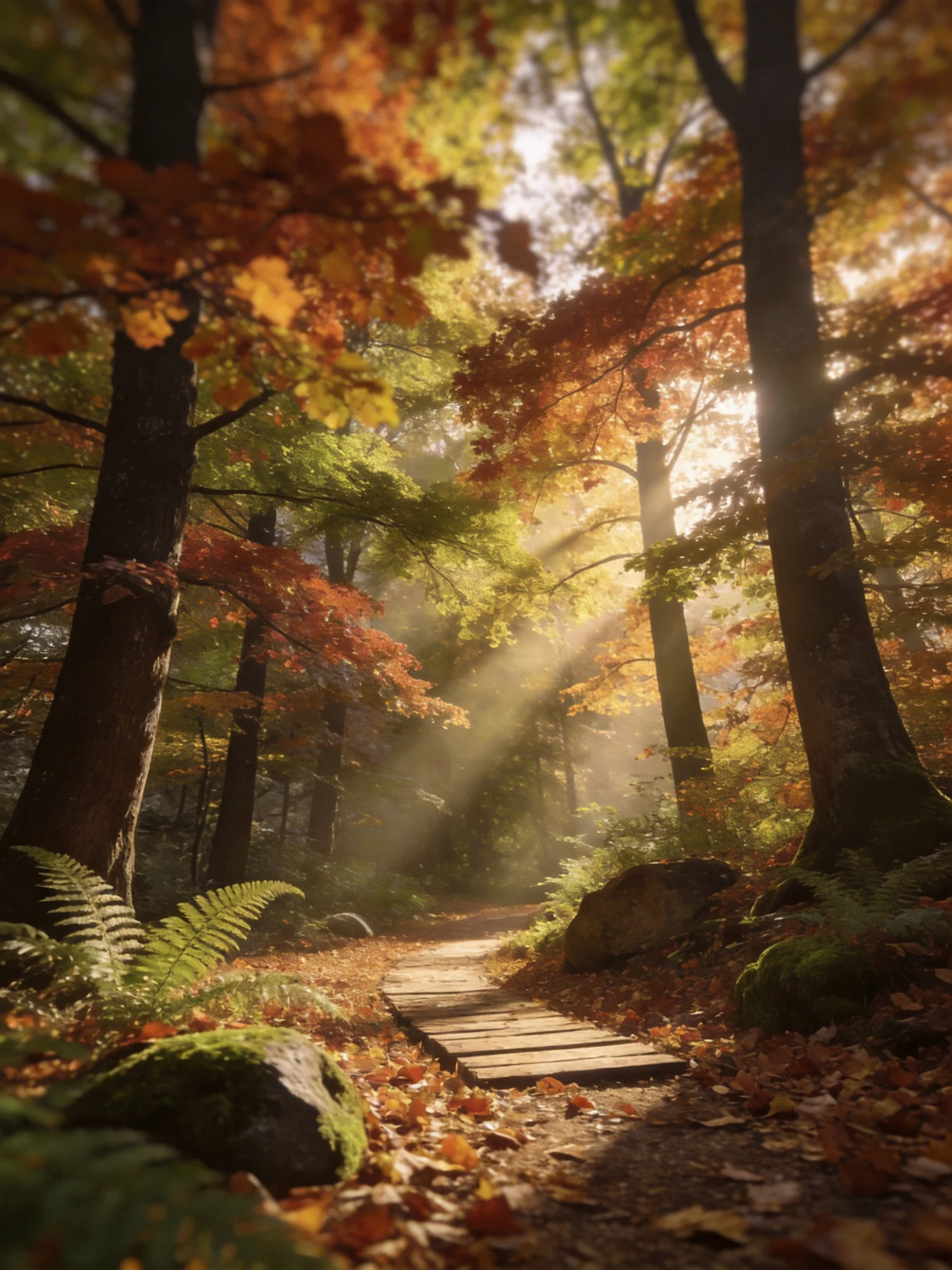 Sun-dappled forest path with vibrant fall foliage