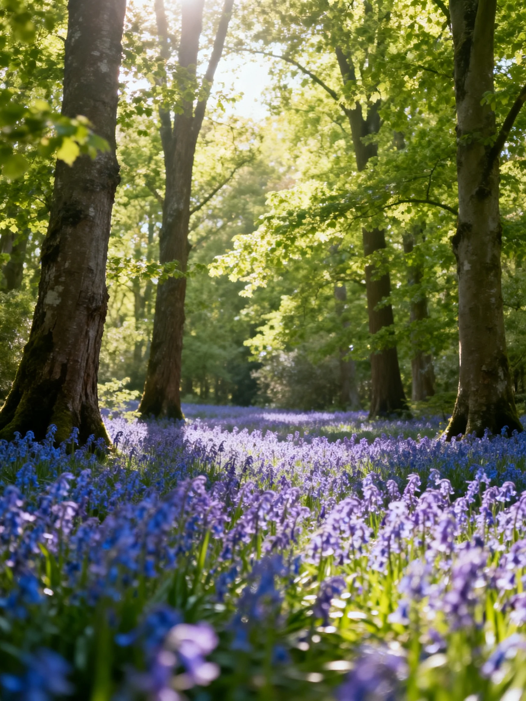 Sun-dappled forest with abundant bluebell blooms