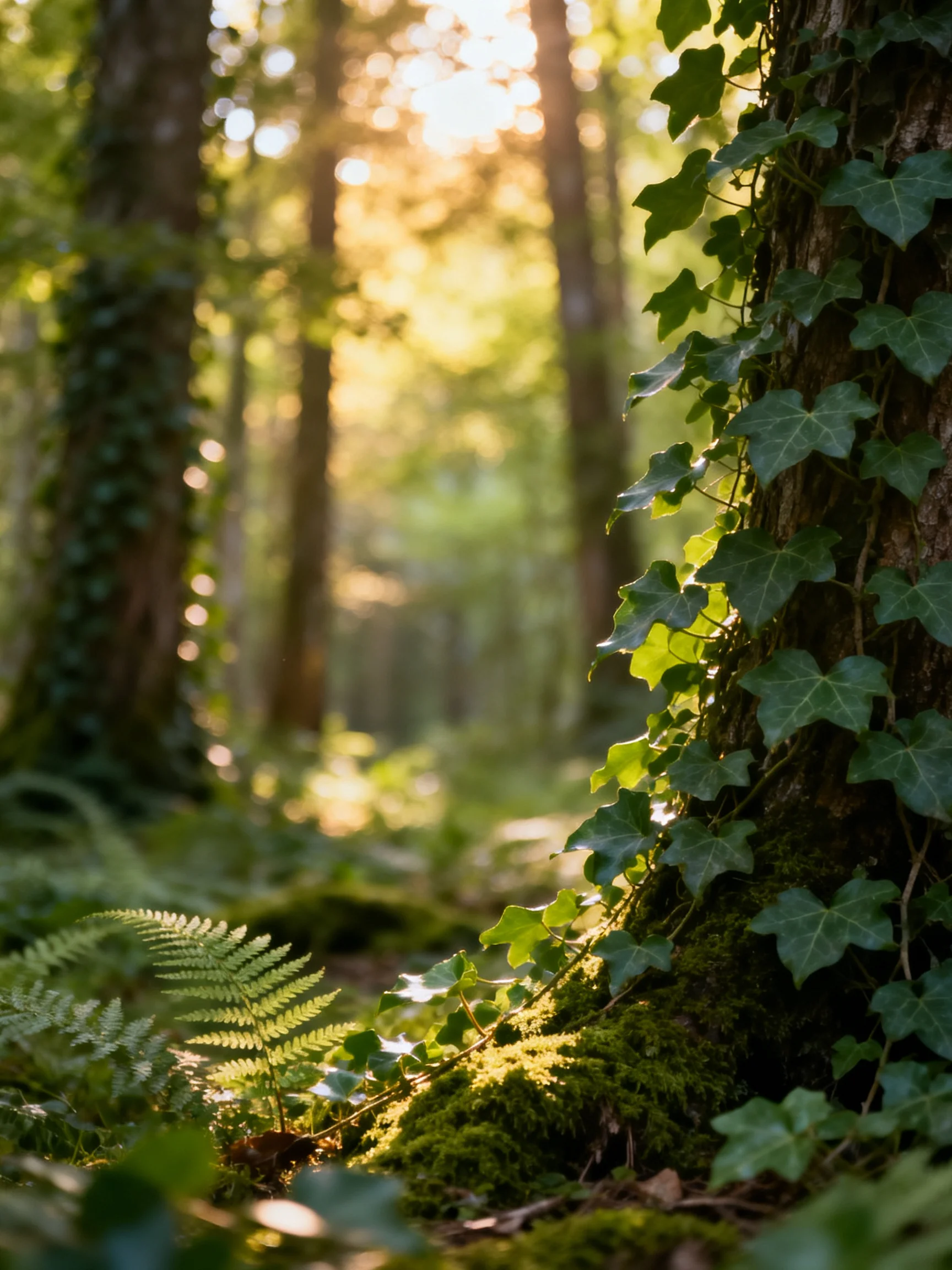 Sun-dappled forest with ivy-covered trunks and ferns