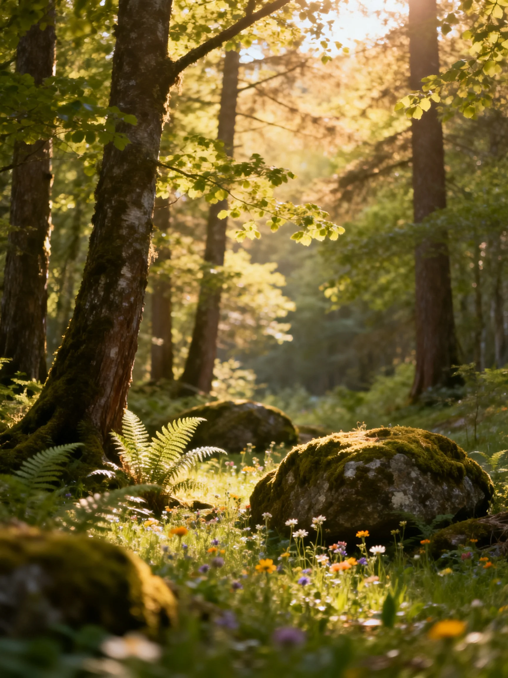 Sun-dappled forest with moss-covered rocks and wildflowers