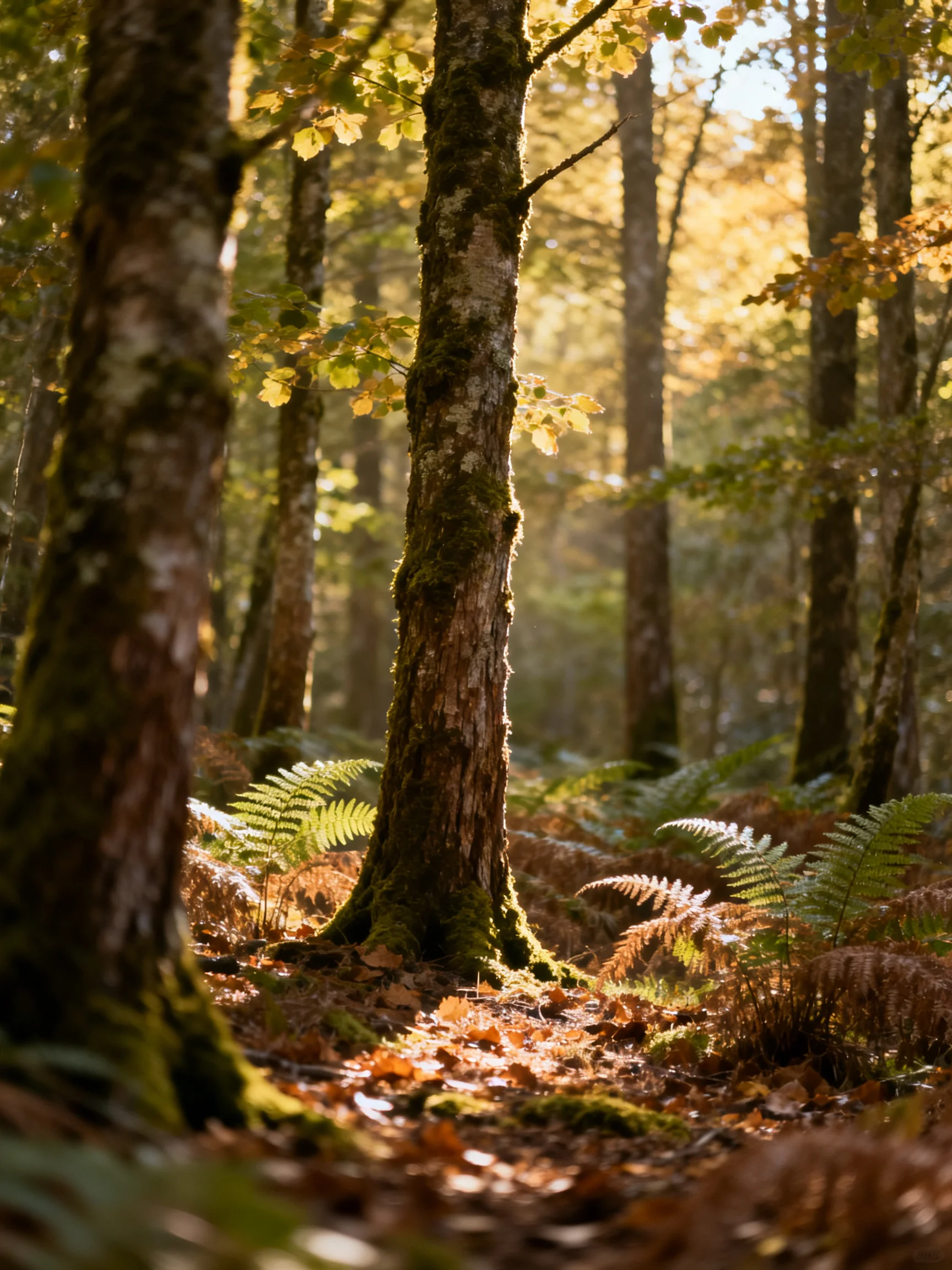 Sun-dappled forest with mossy tree trunks and ferns