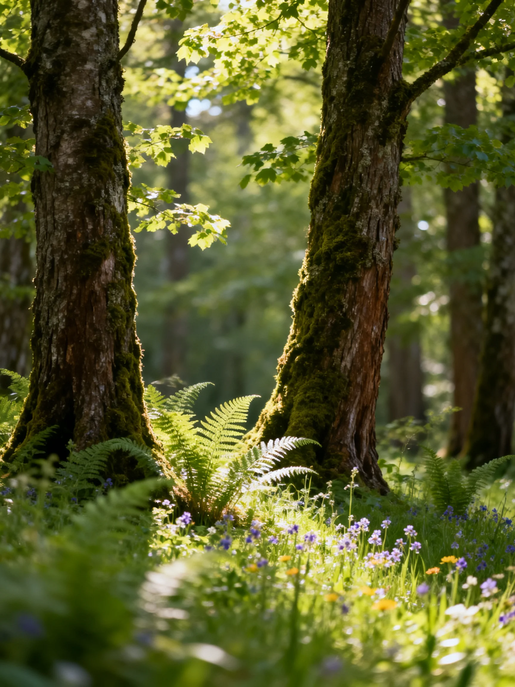 Sun-dappled forest with mossy trees, ferns, and colorful wildflowers