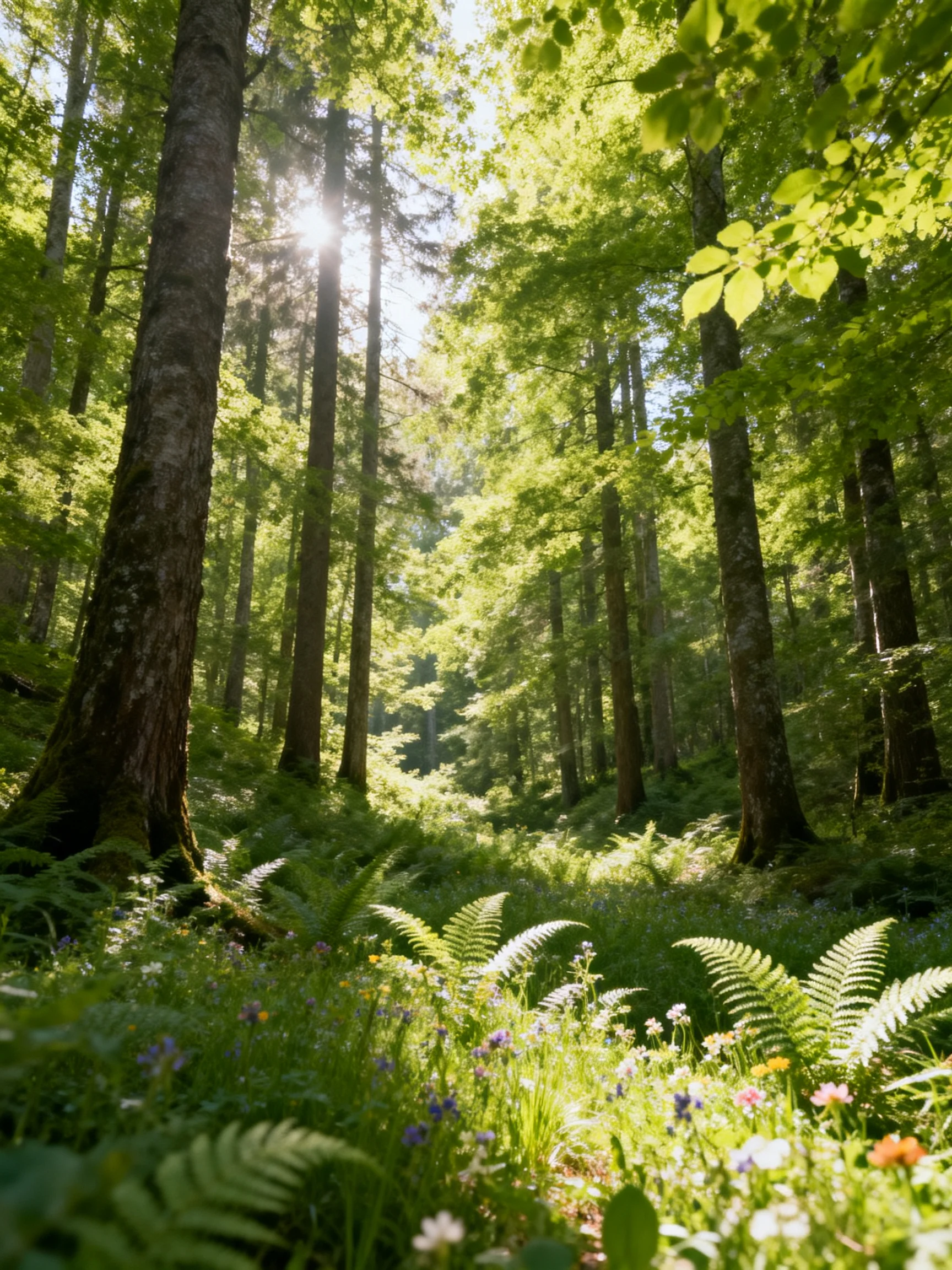 Sun-dappled forest with tall dark trunks, vibrant green foliage, and colorful wildflowers.