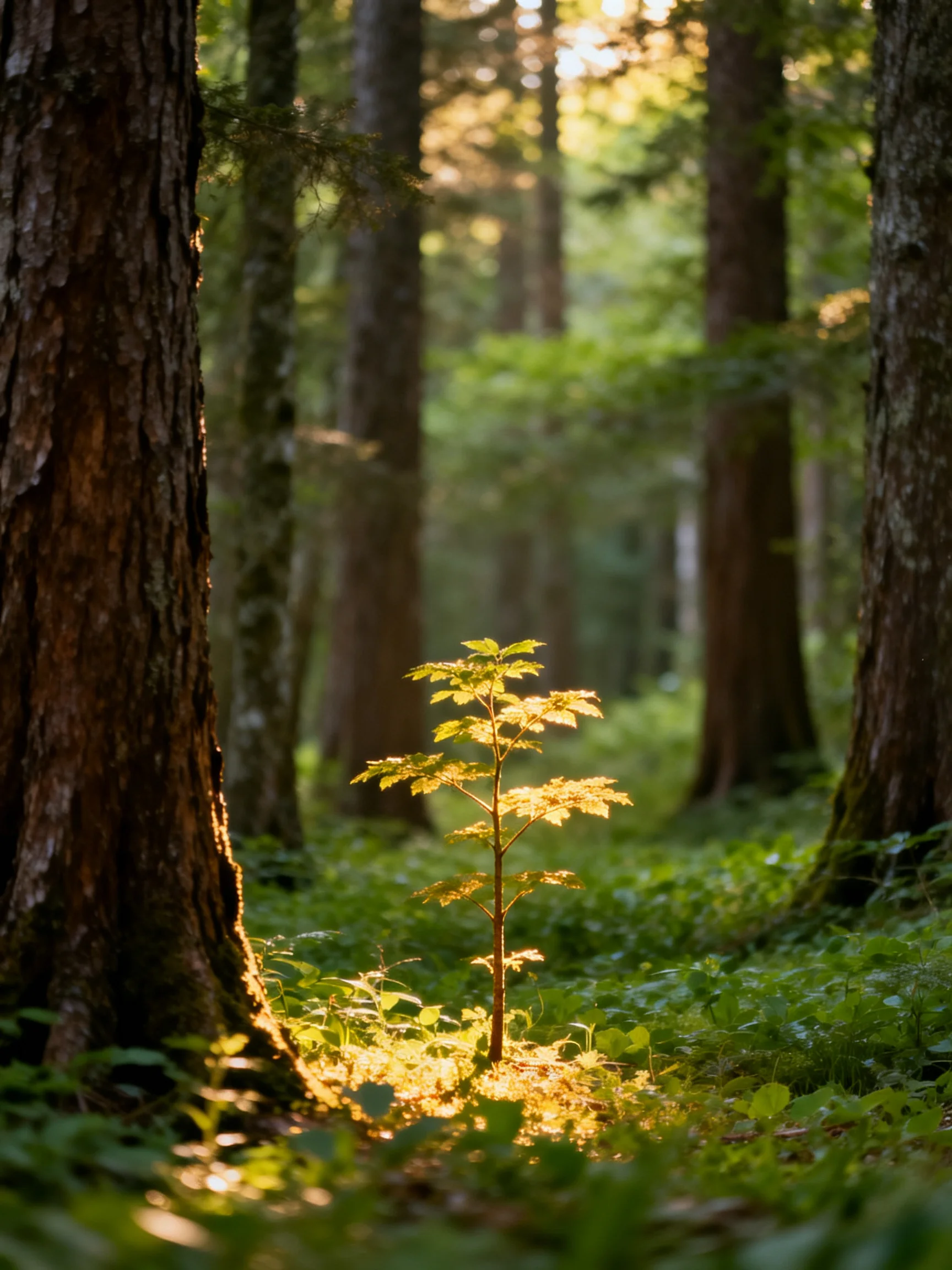 Sun-dappled forest with tall trees and glowing young sapling