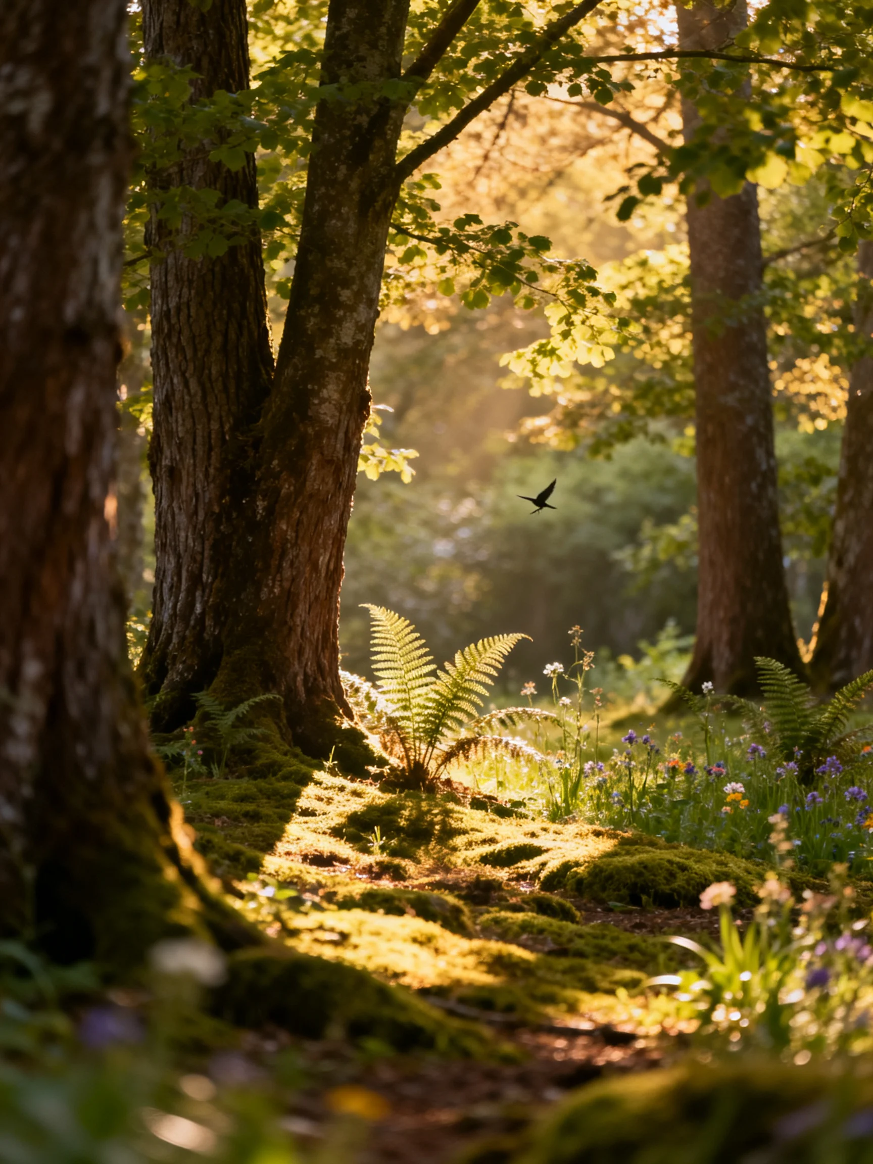 Sun-dappled forest with tall trees, ferns, and wildflowers