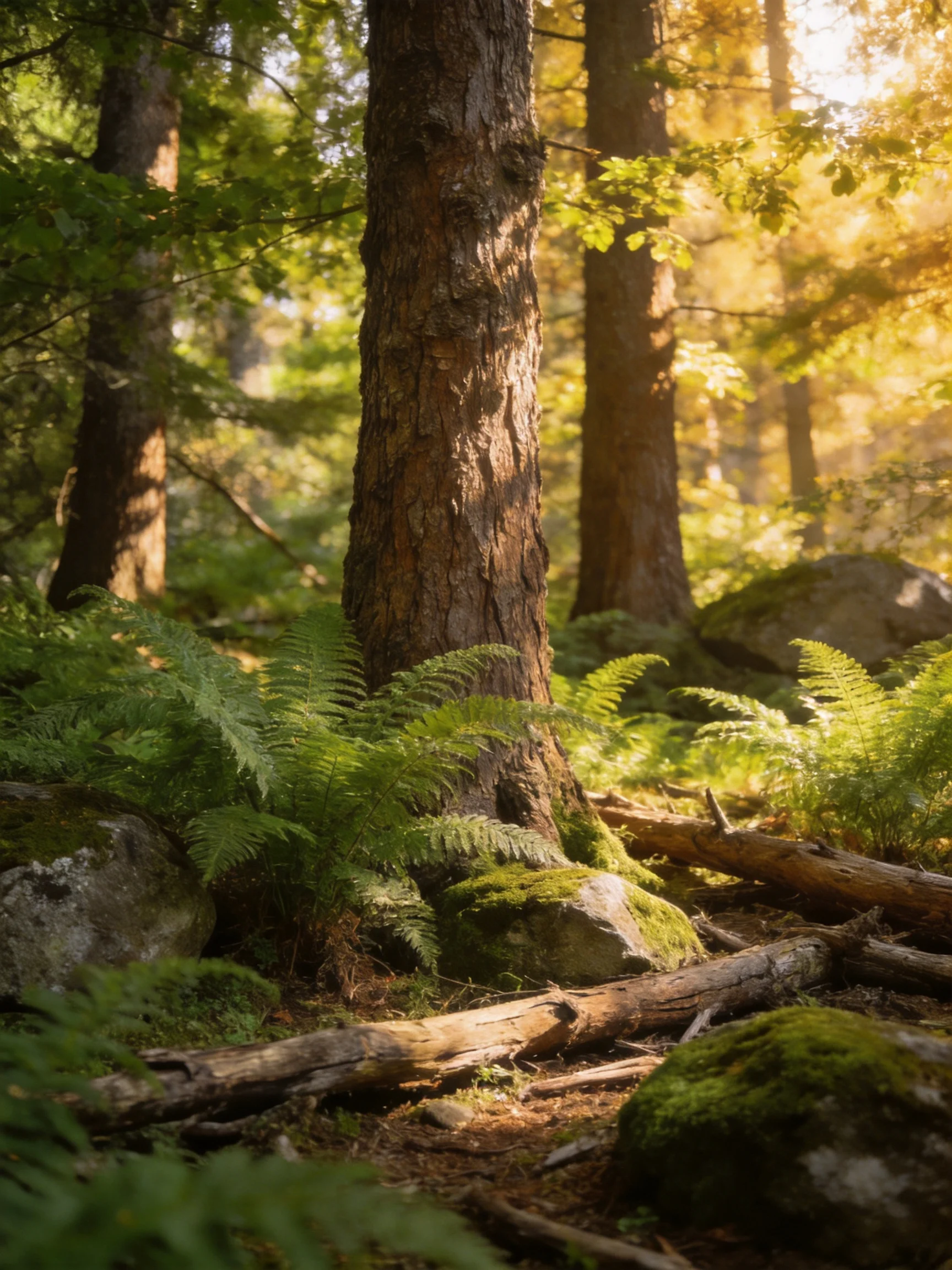 Sun-dappled forest with tall trees, lush ferns, and mossy rocks