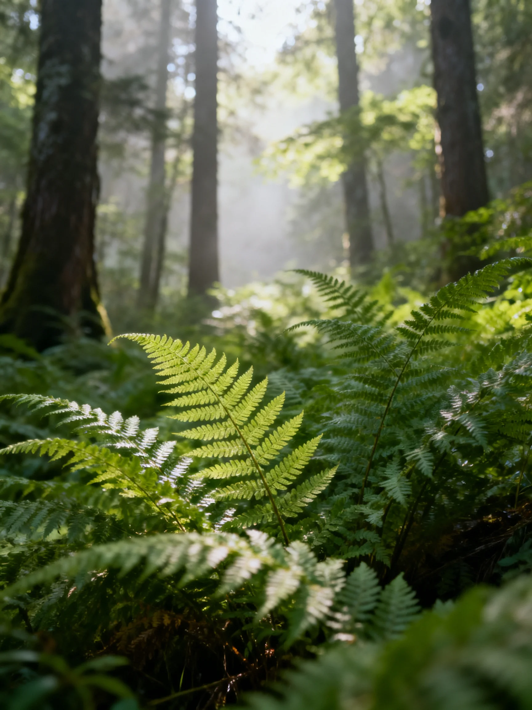 Sun-dappled forest with vibrant green ferns and tall dark trees