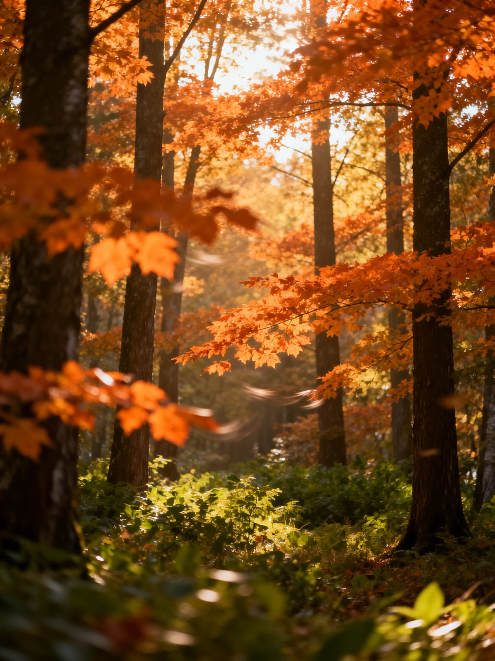 Sun-dappled forest with vibrant orange foliage and lush green undergrowth