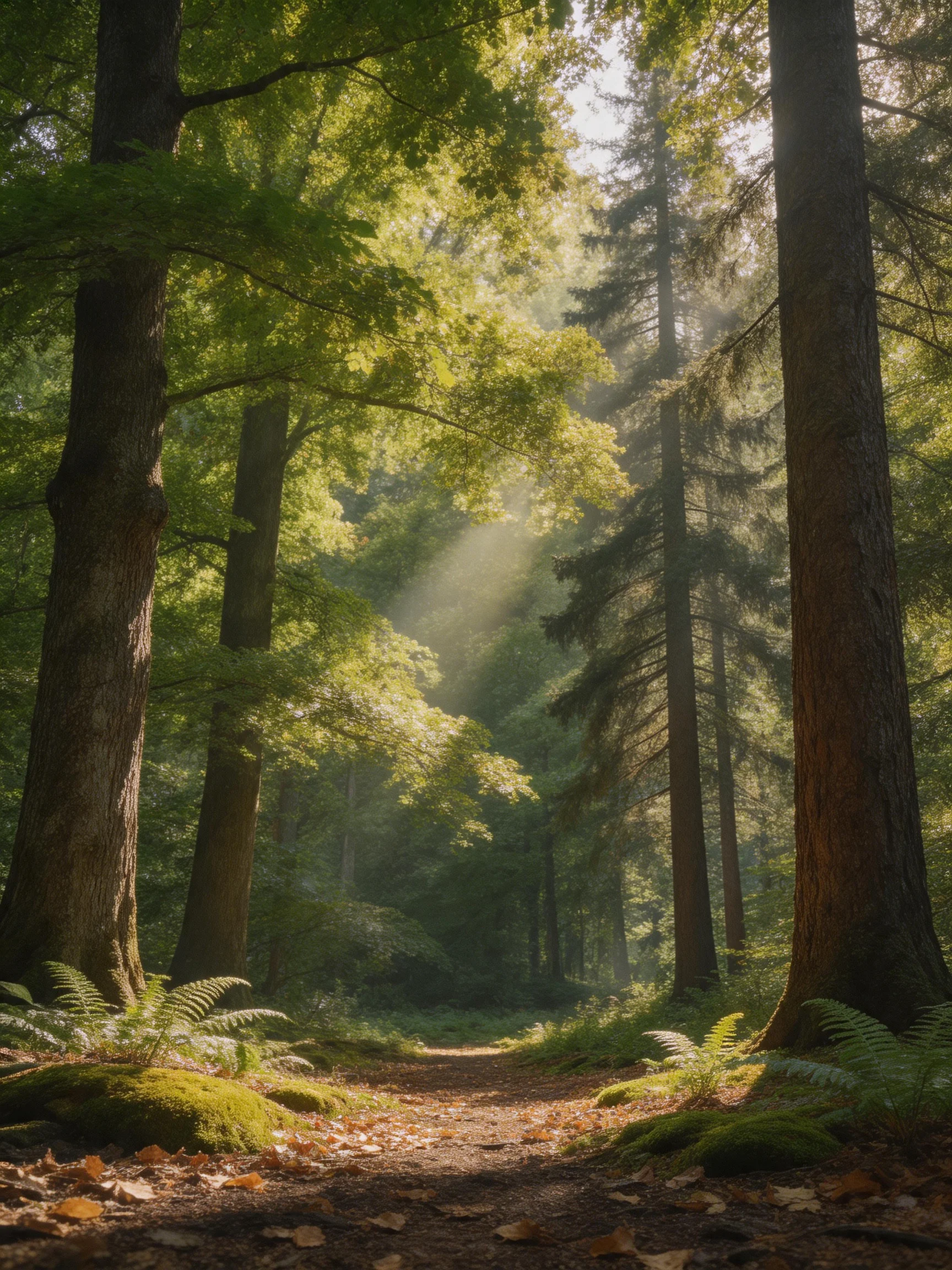 Sun-dappled path through lush green forest with tall trees