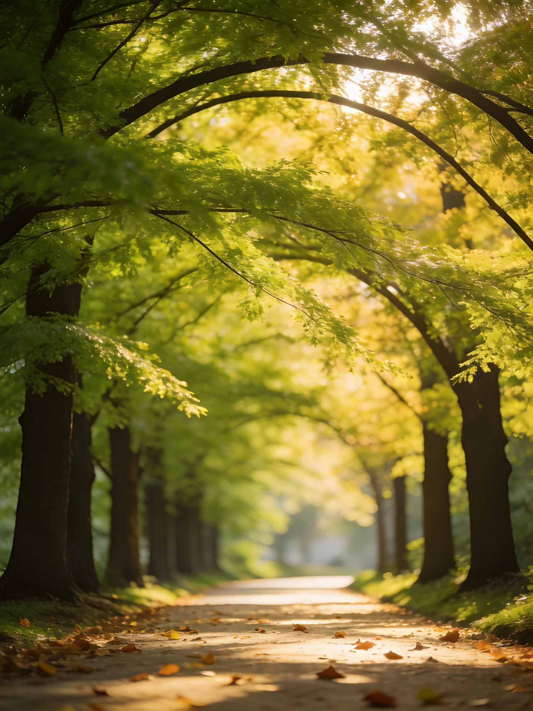 Sun-dappled tree-lined path with golden foliage and scattered leaves