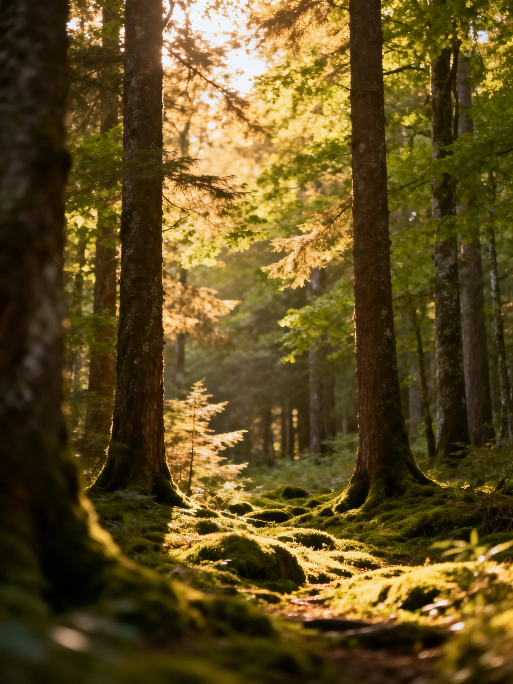 Sun-drenched Forest Path with Tall Moss-Covered Trees