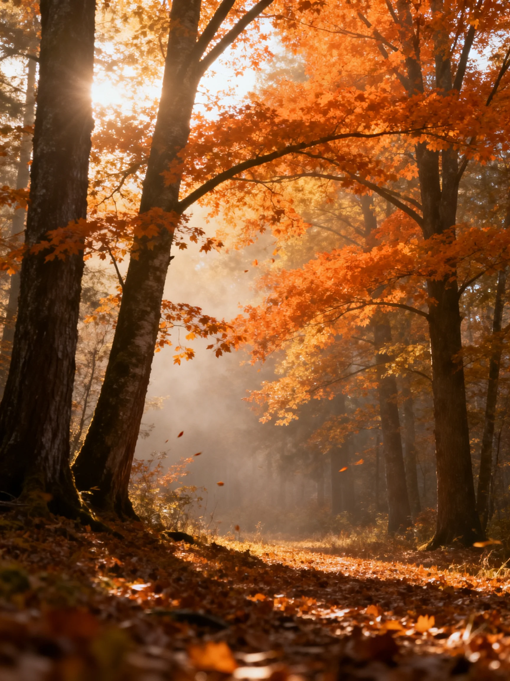 Sun-drenched autumn forest with tall trees and vibrant orange leaves