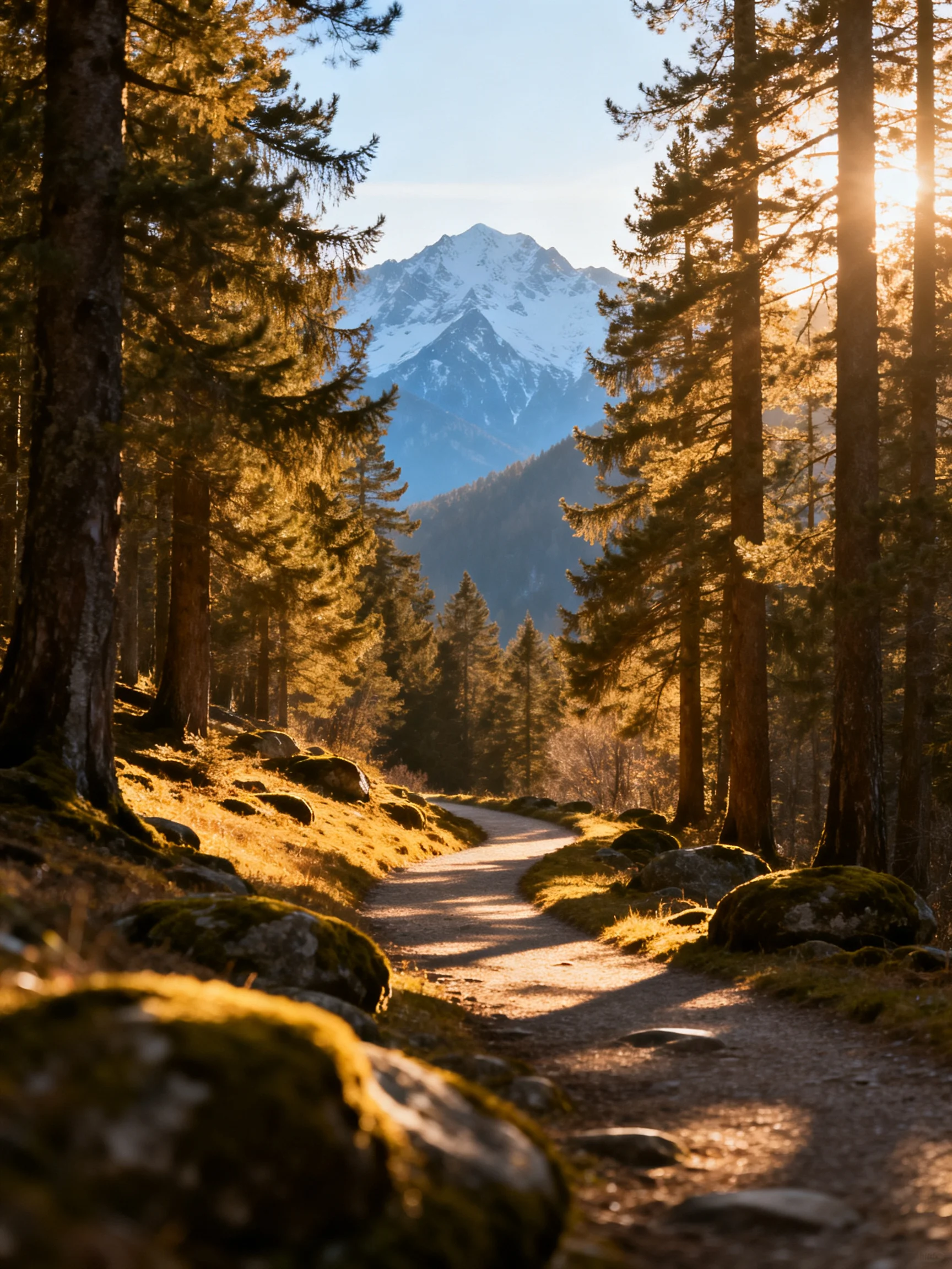 Sun-drenched forest path leading to snow-capped mountains