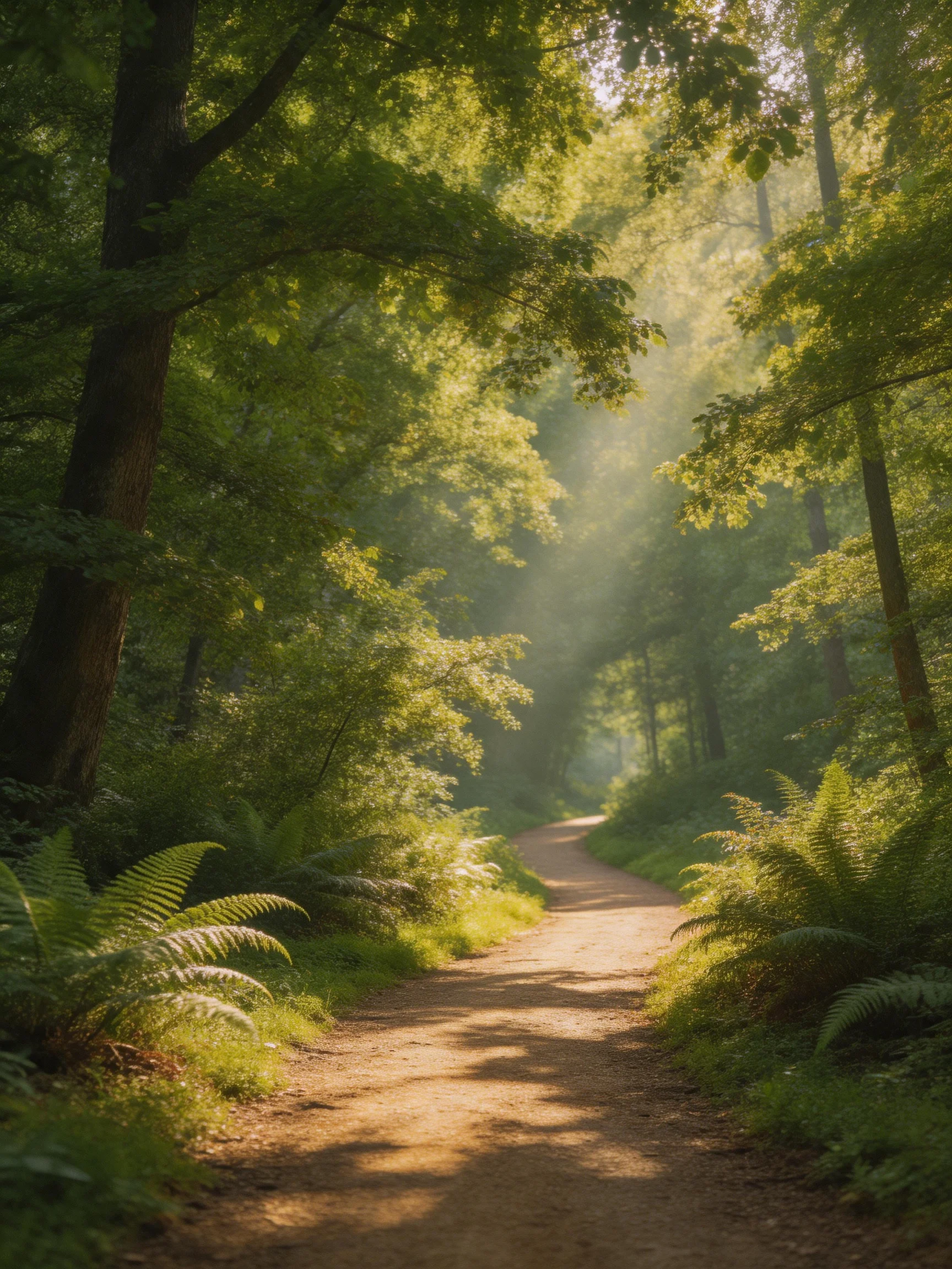 Sun-drenched forest path winding through thick green vegetation
