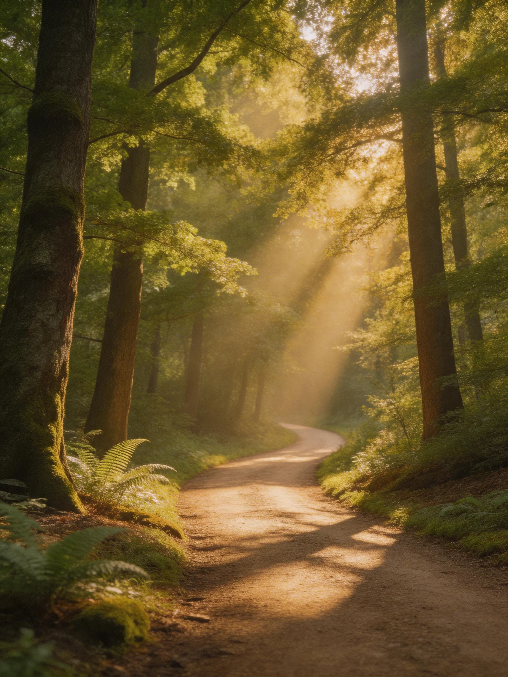 Sunbeams Filter Through Lush Green Forest Along Winding Dirt Trail