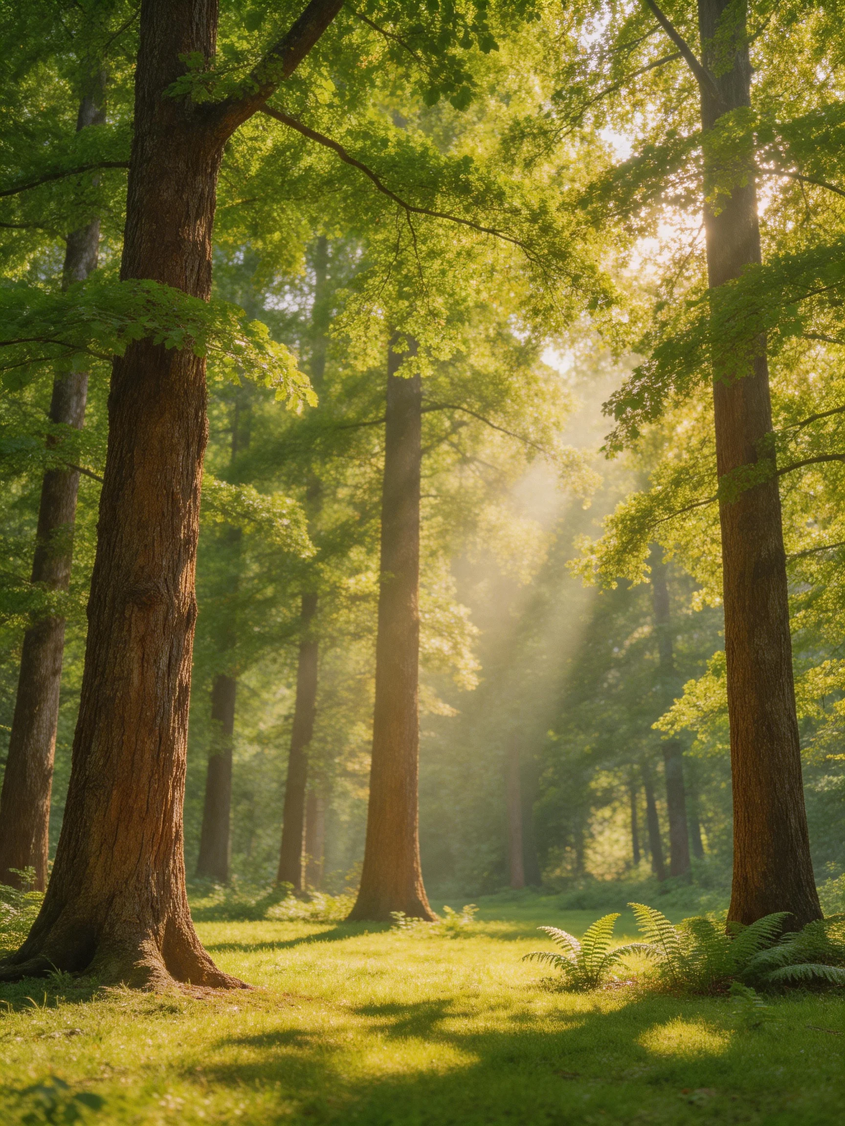 Sunbeams Filter Through Tall Brown Trees in Lush Green Forest