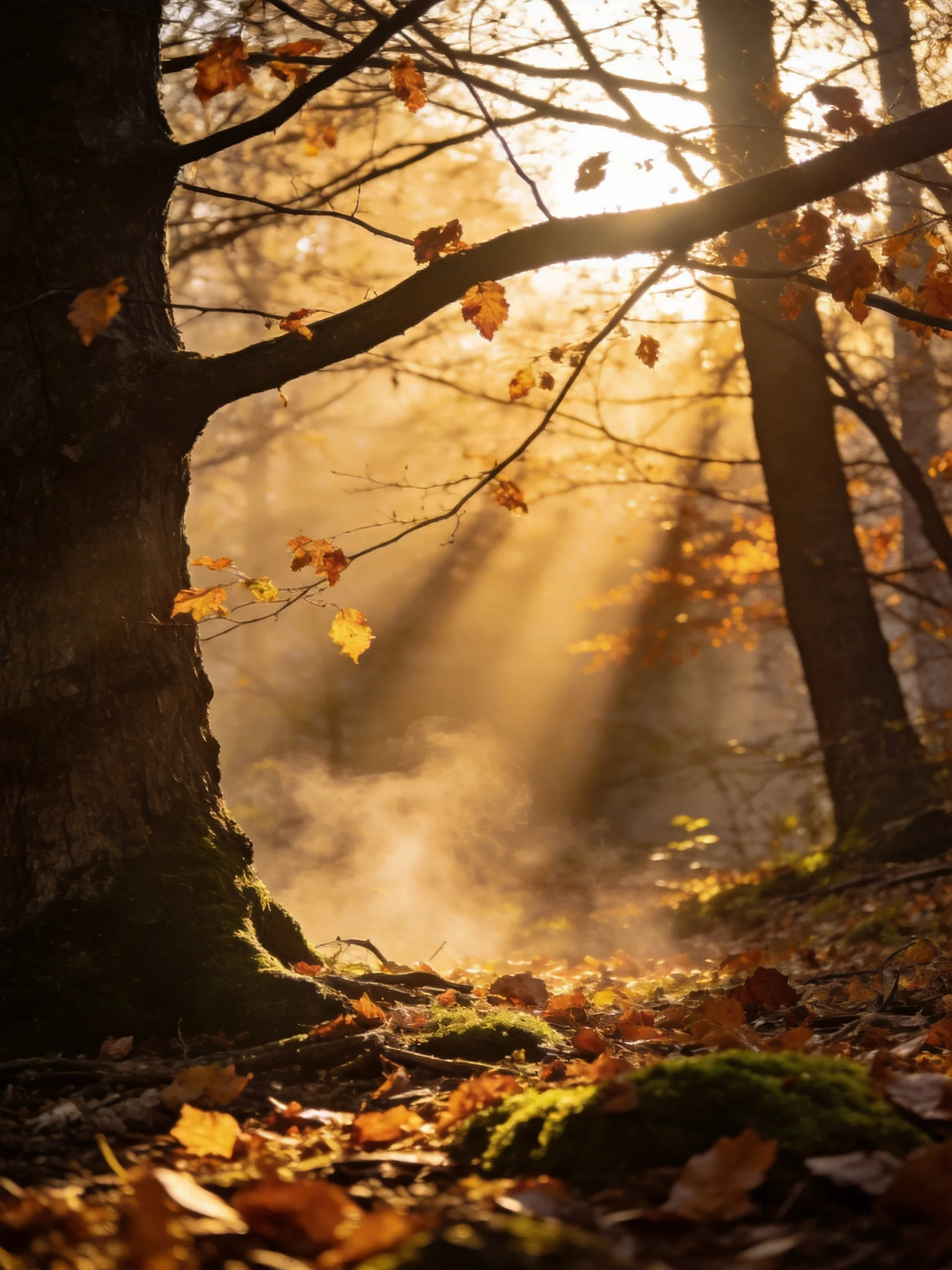 Sunbeams Penetrate Autumnal Forest with Fallen Leaves and Moss