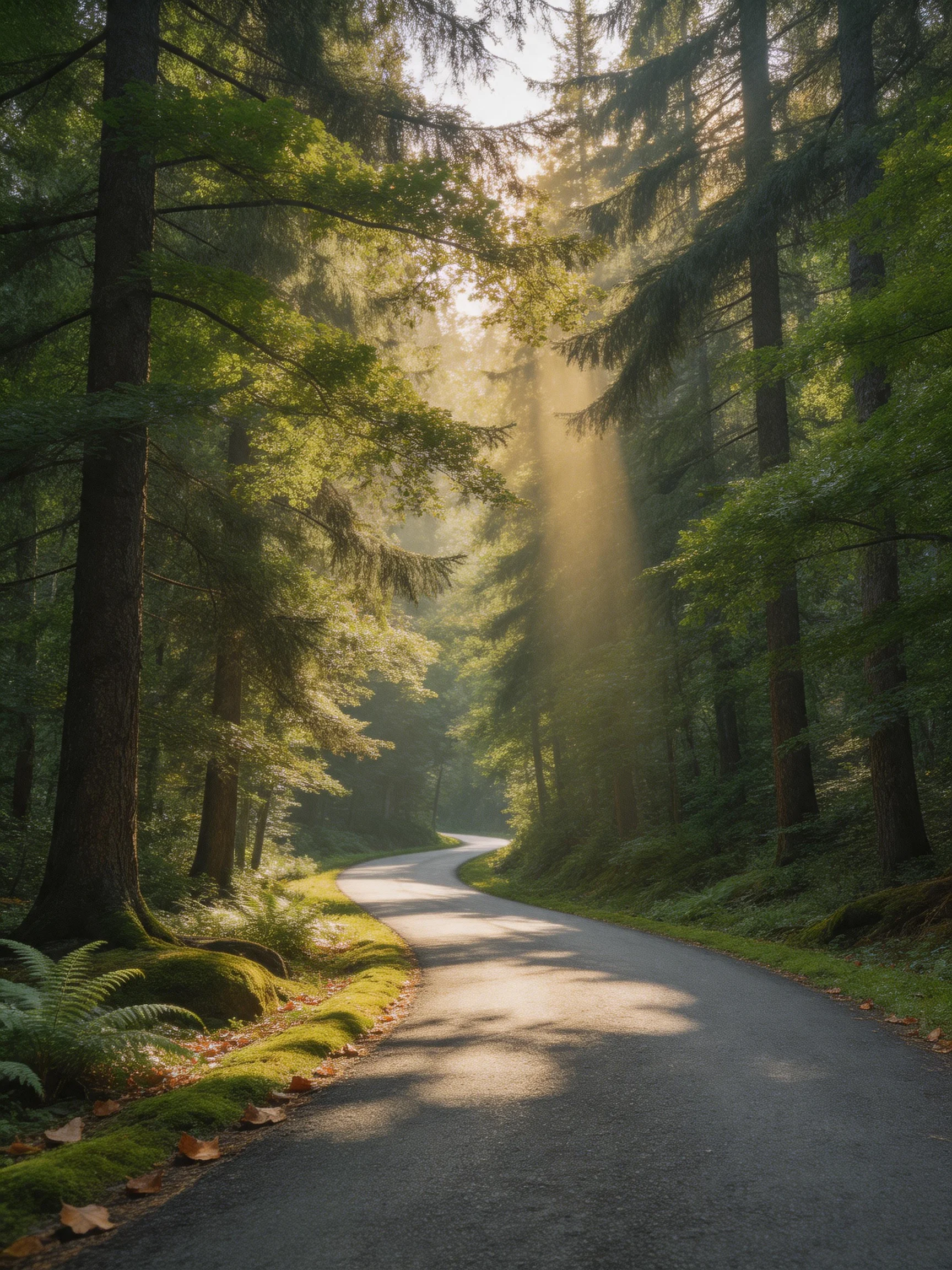 Sunbeams Pierce Through Dense Forest Along Curved Roadway