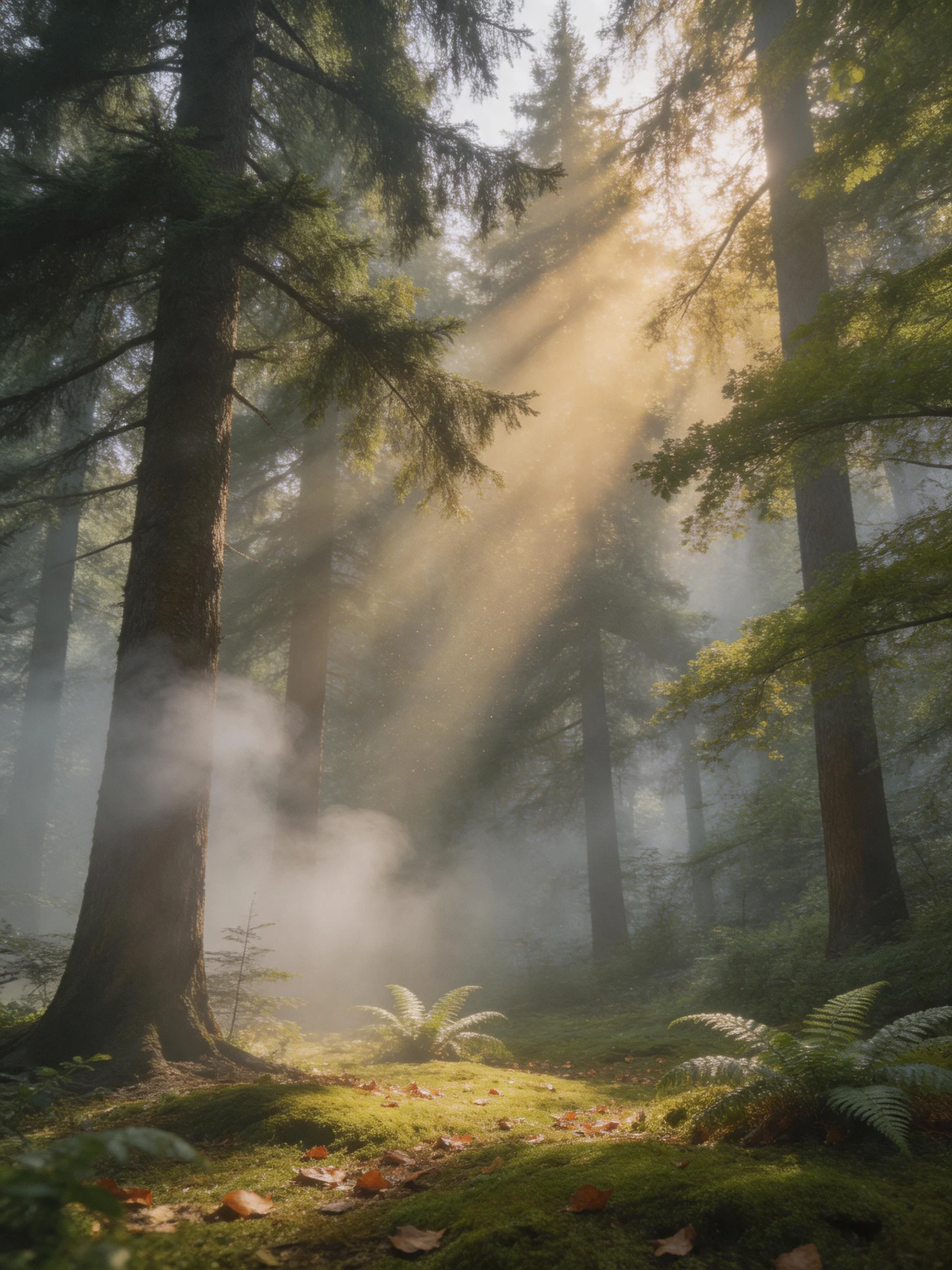 Sunbeams Pierce Through Misty Forest With Tall Trees And Mossy Ground