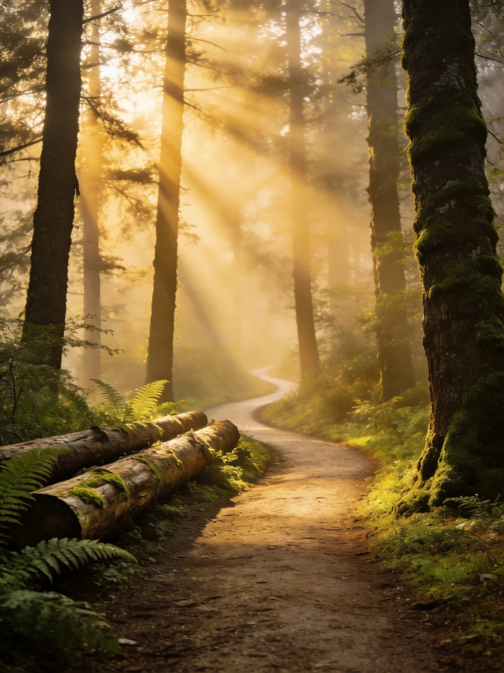 Sunbeams Pierce Through Moss-Covered Trees Along a Curved Forest Path