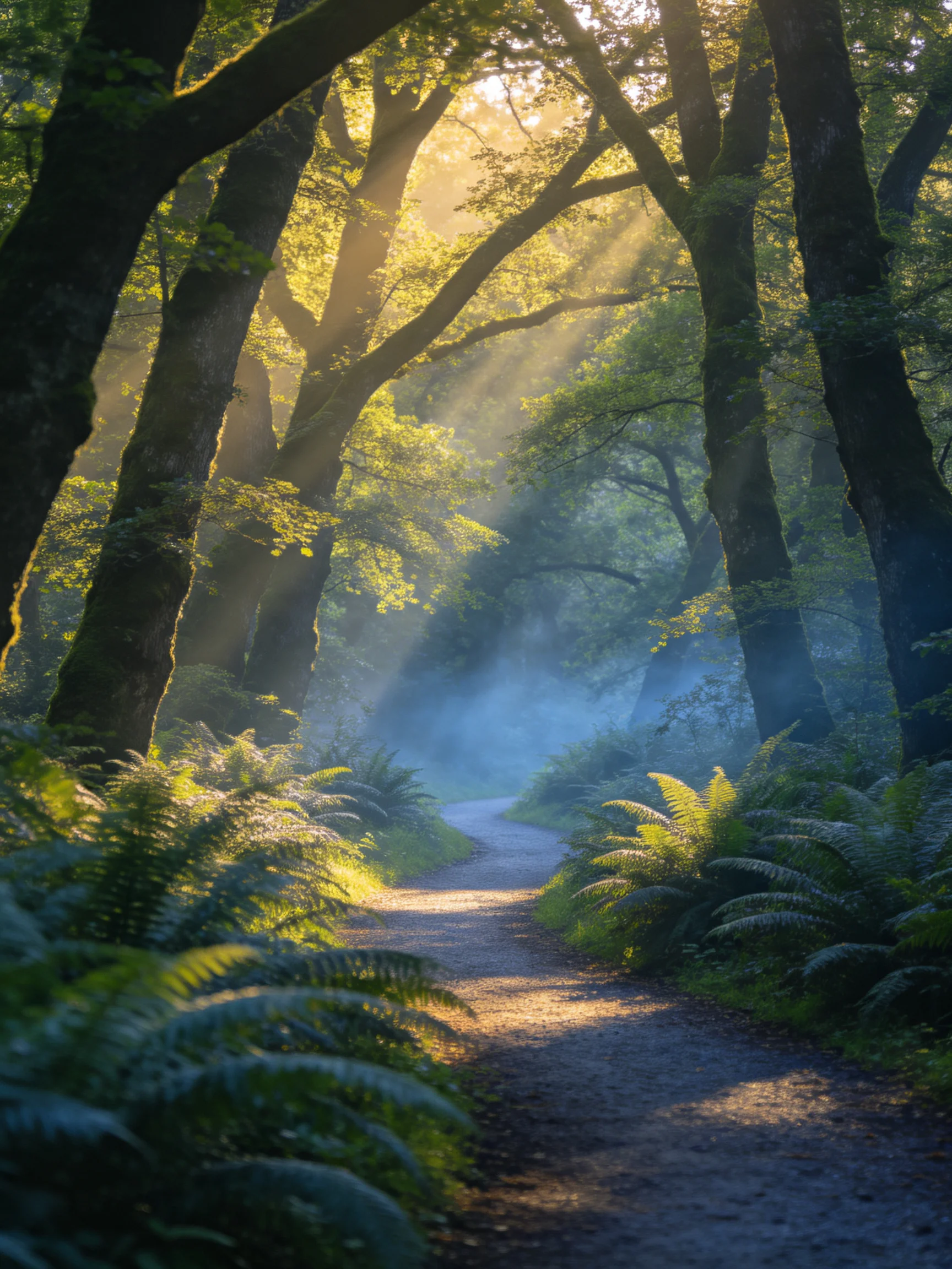 Sunbeams filter through ancient trees along a misty forest path
