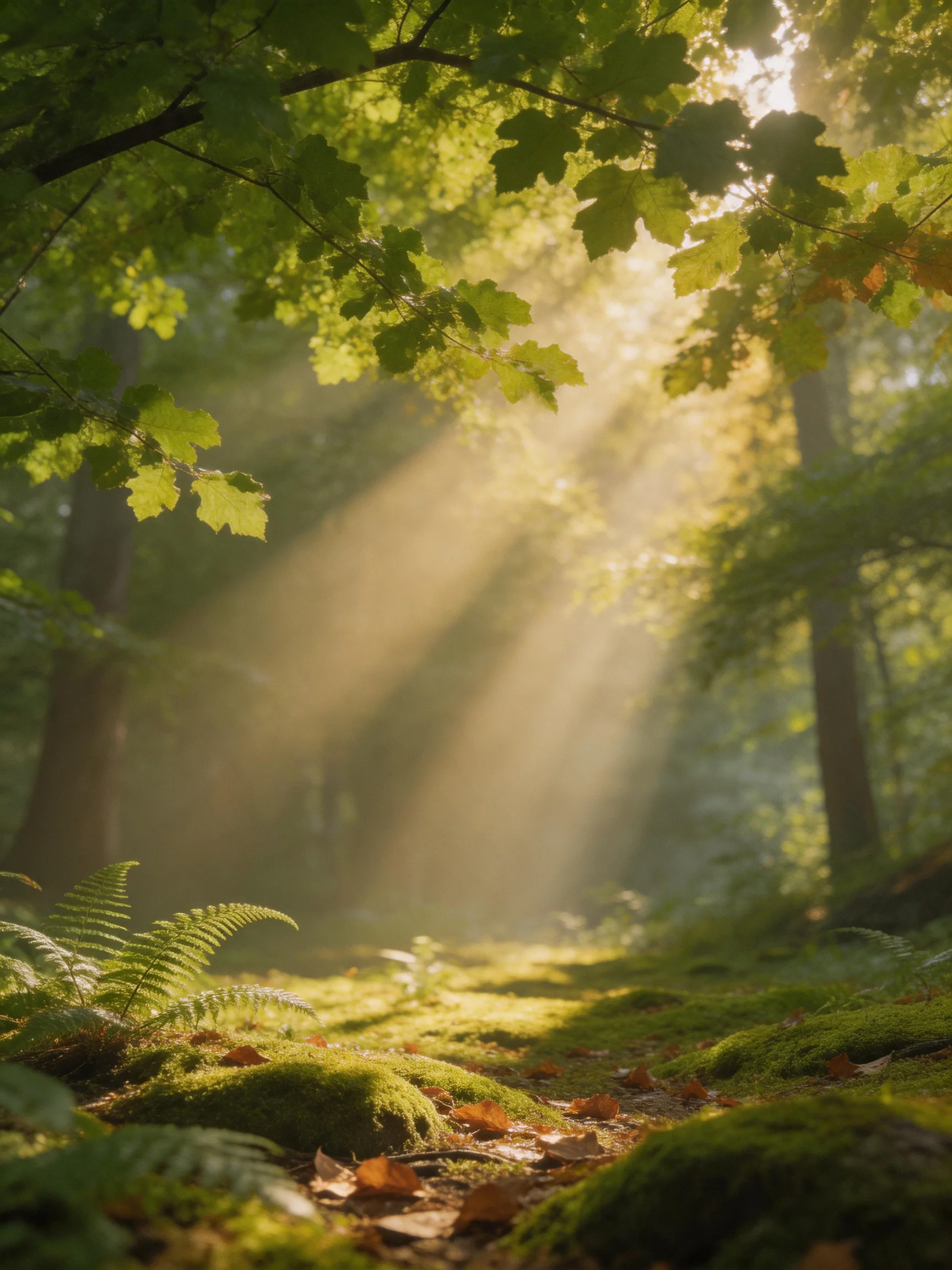 Sunbeams filter through lush green foliage in a misty forest clearing