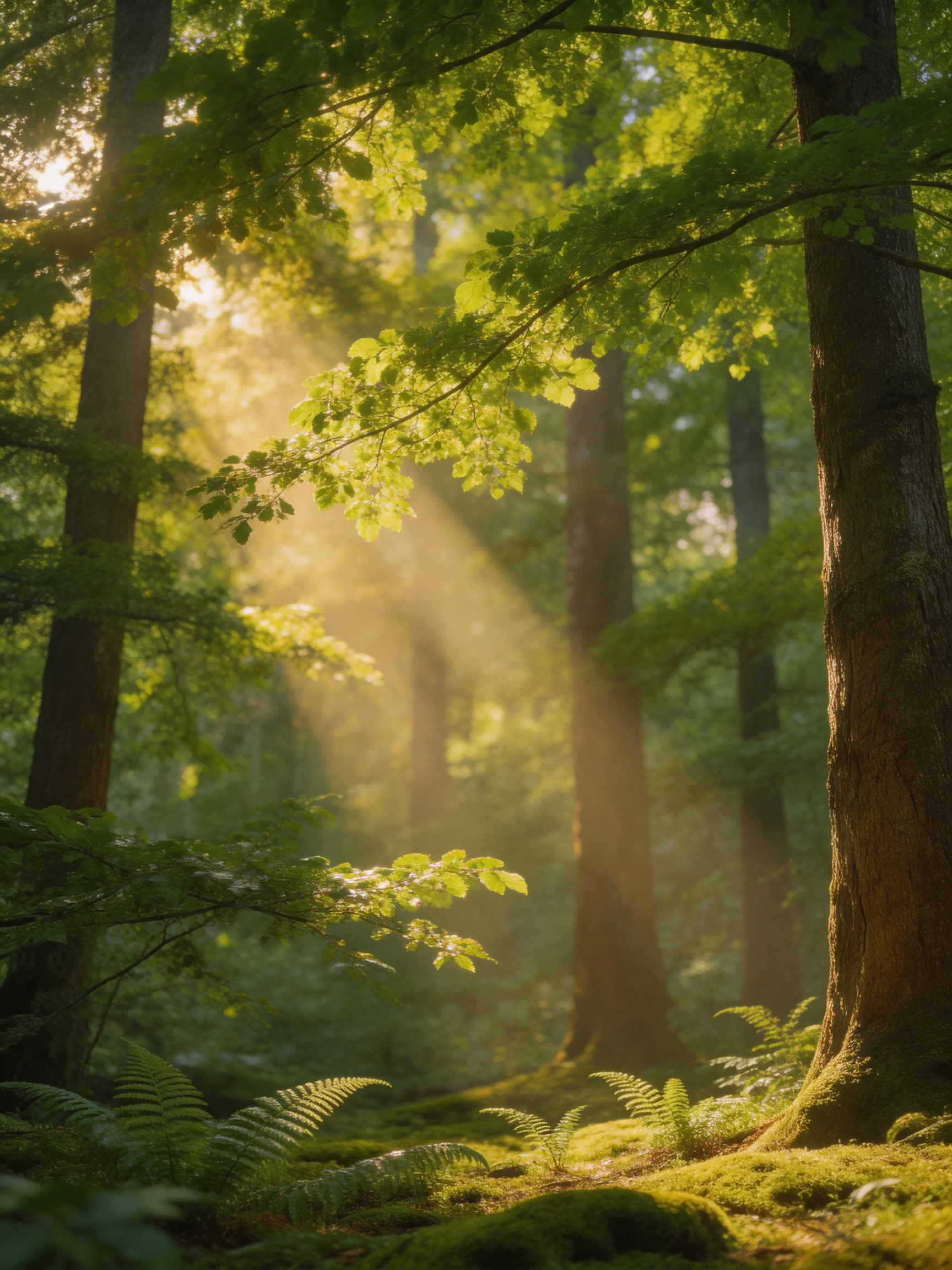 Sunbeams filter through lush green trees in a misty forest