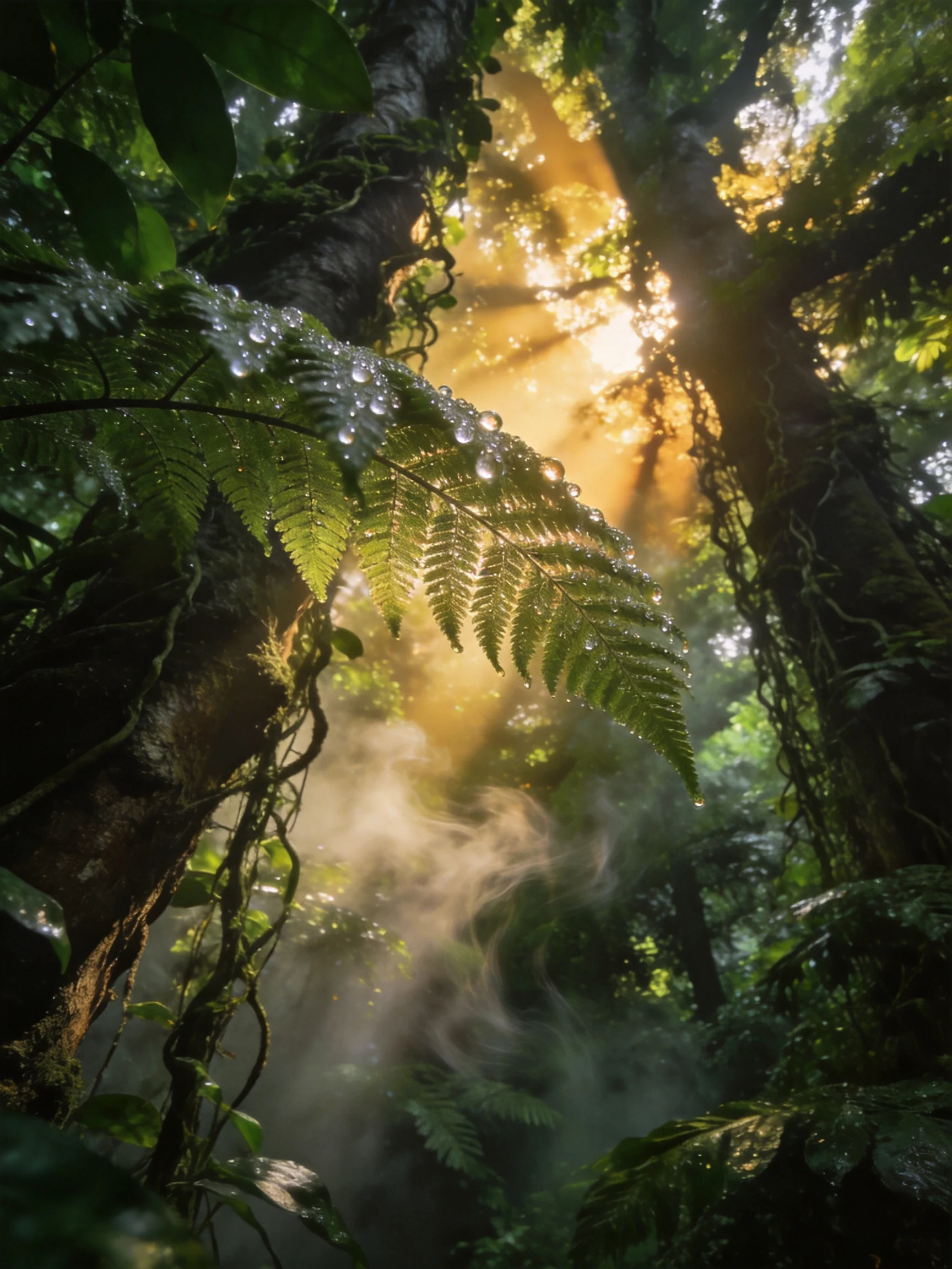 Sunbeams filter through lush rainforest foliage with dewy ferns