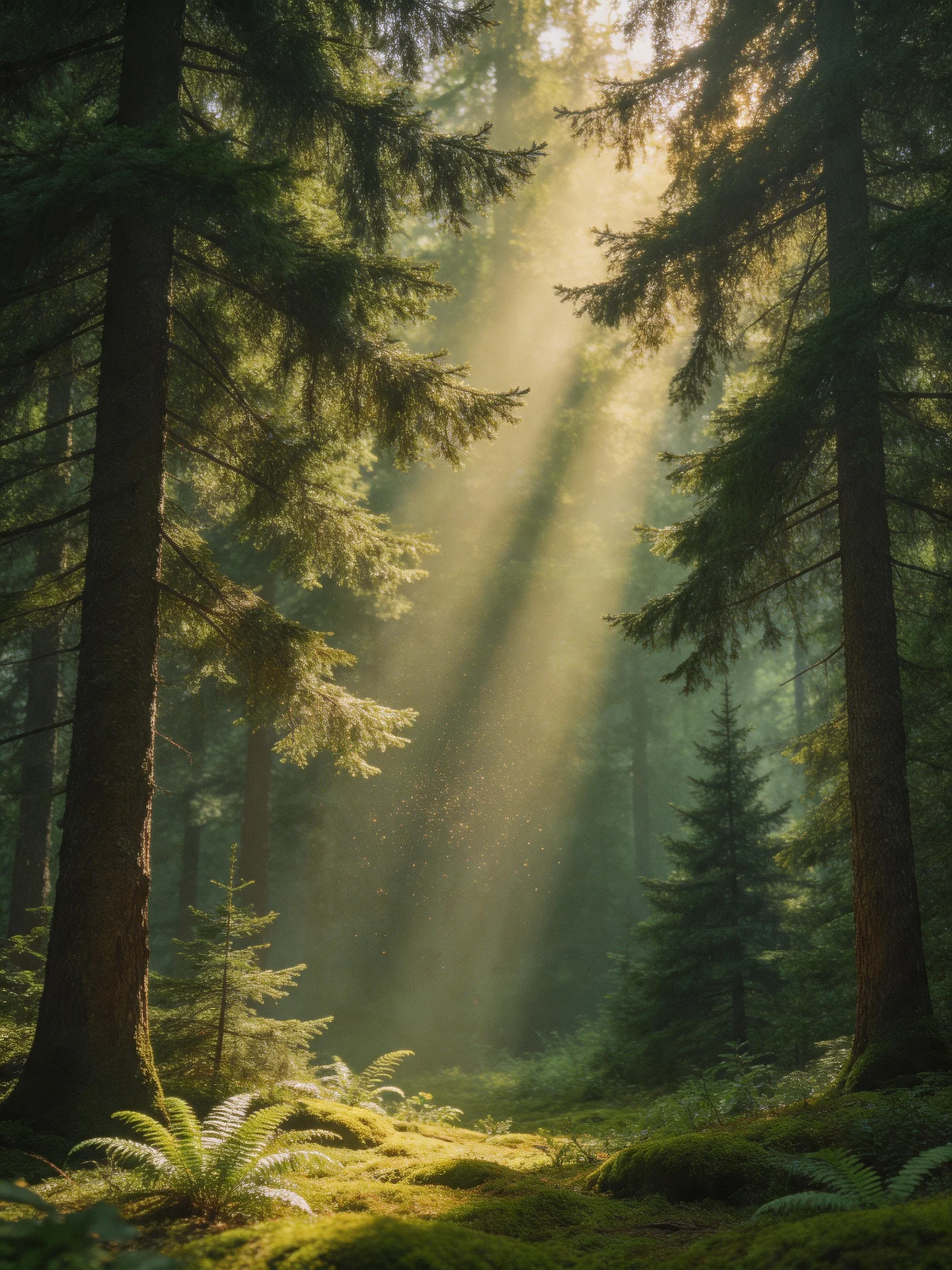 Sunbeams filter through tall evergreen trees in a misty forest clearing