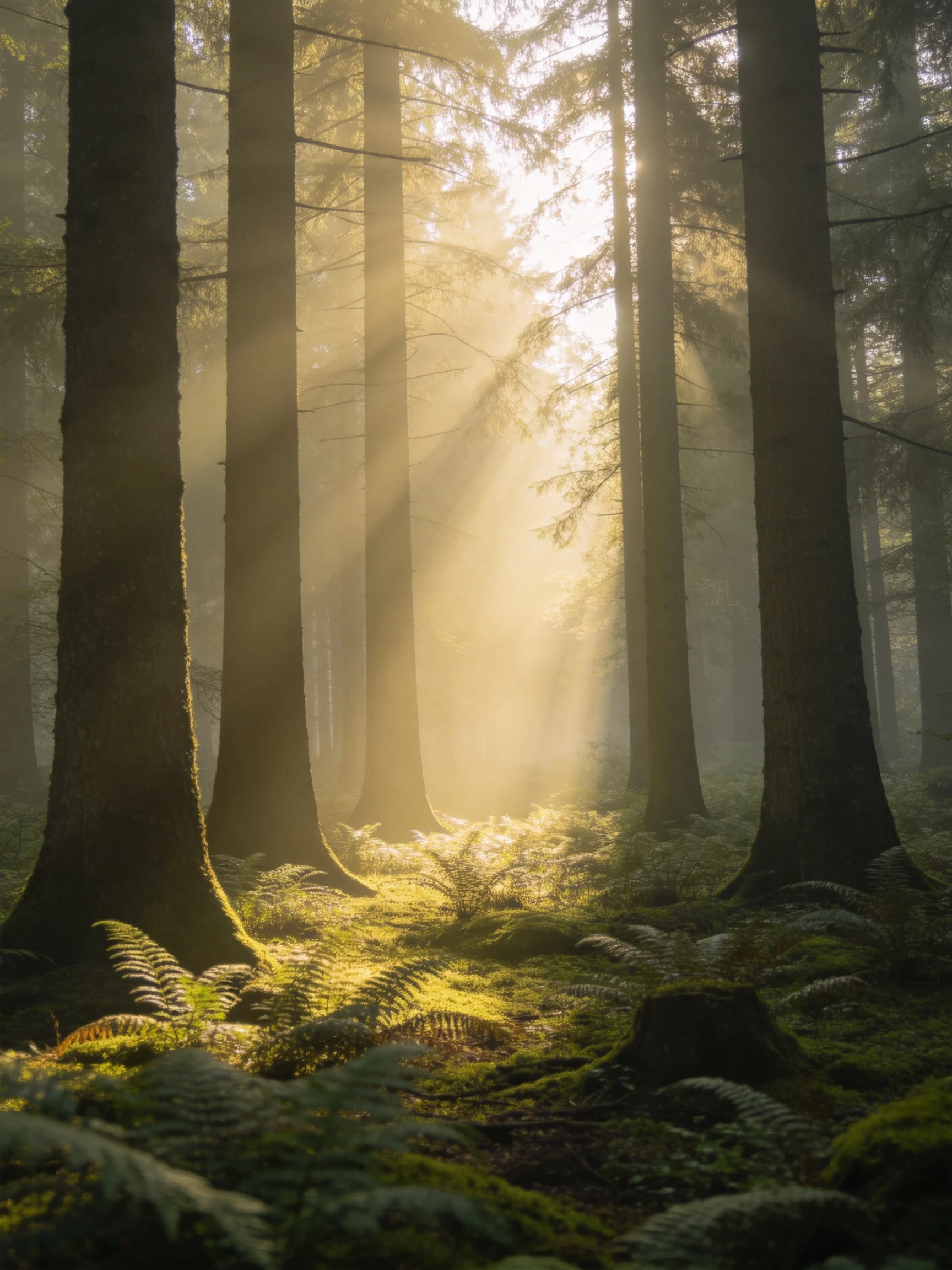 Sunbeams filter through tall evergreen trees in a misty forest