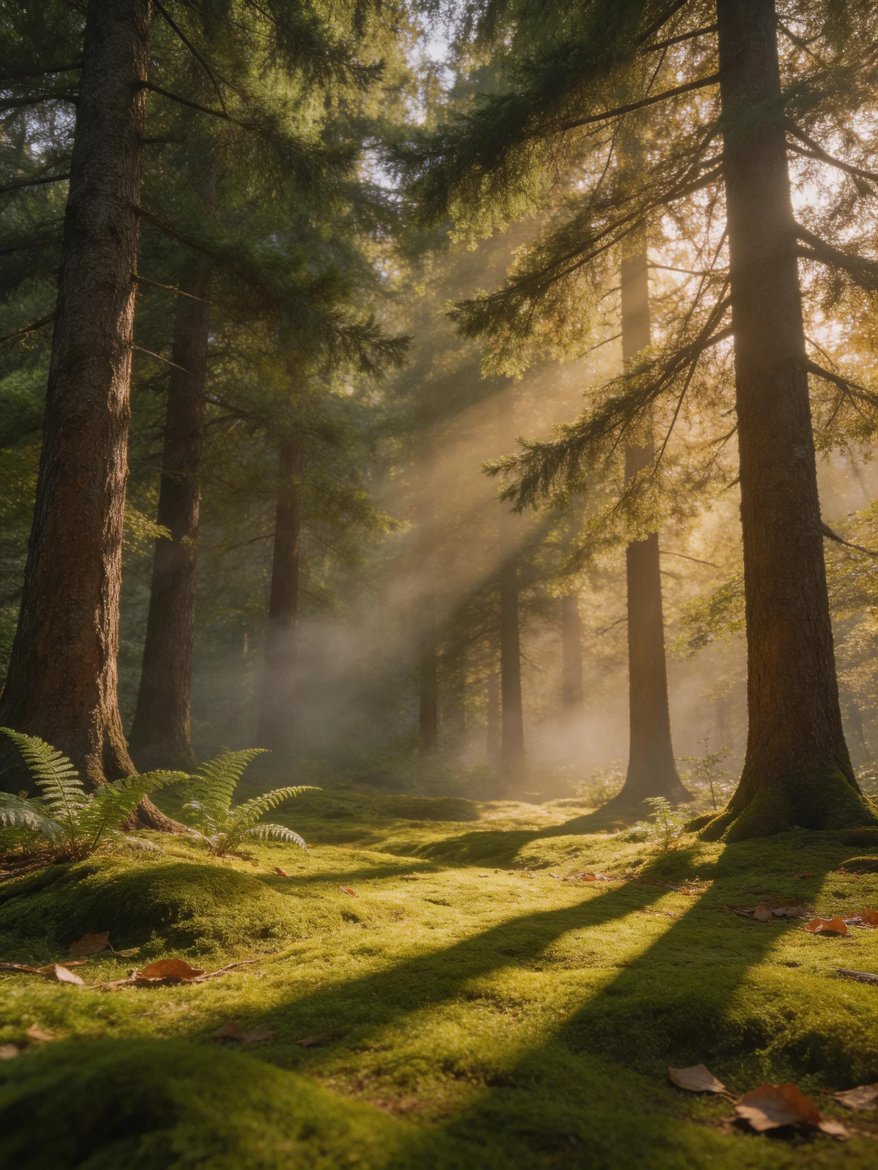 Sunbeams filter through tall evergreen trees in a mossy forest clearing